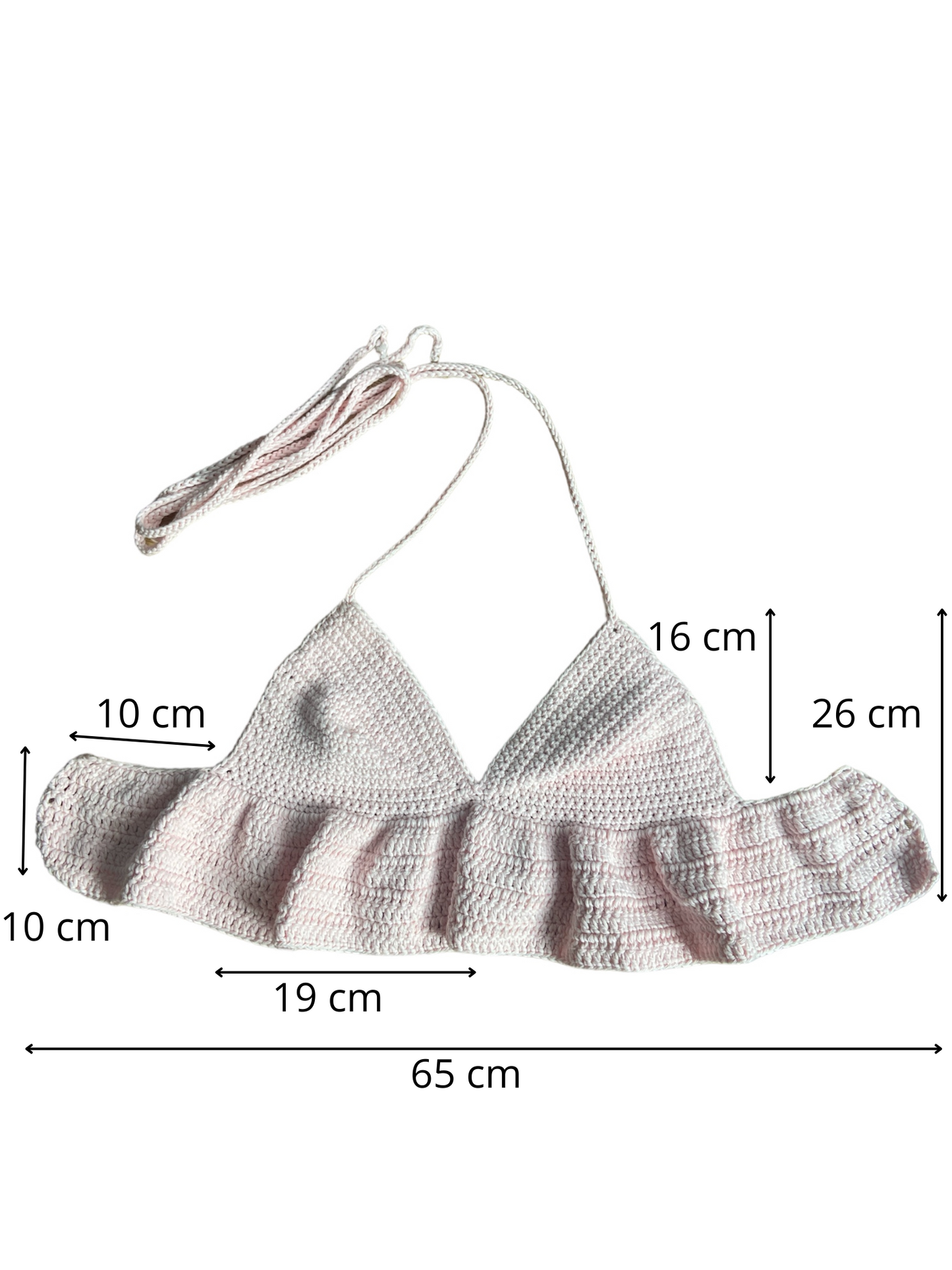 Gehaakte lichtroze crop-top/bralette van 100% katoen – handgemaakte festival top met speelse ruches  – maat M