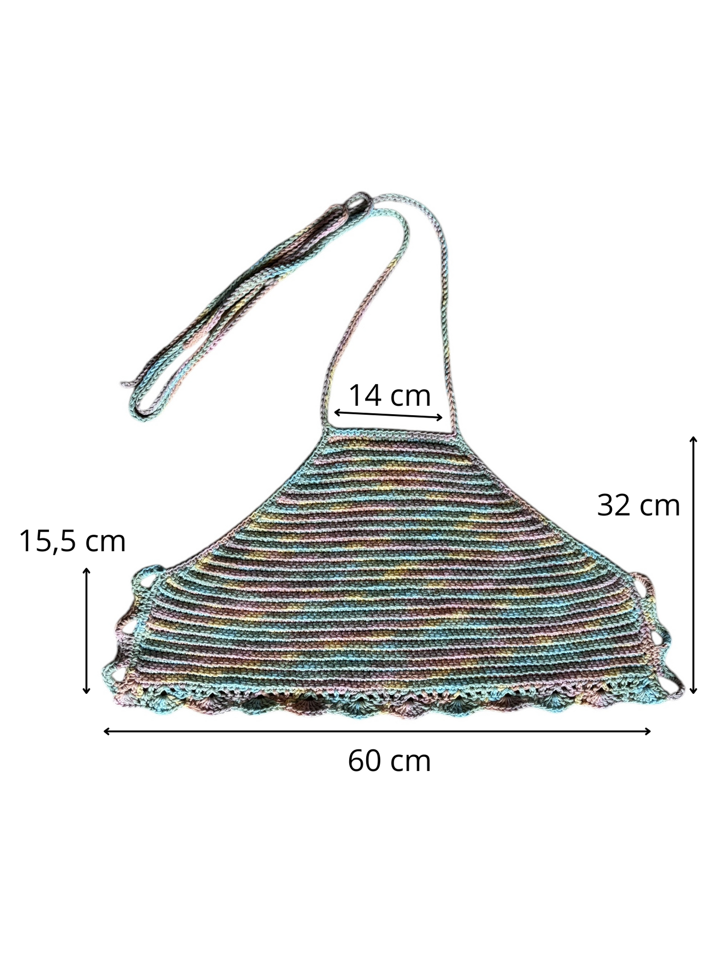 Gehaakte regenboog halter-top - handgemaakte crop-top met geribbelde structuur en schelpenrand - maat XL