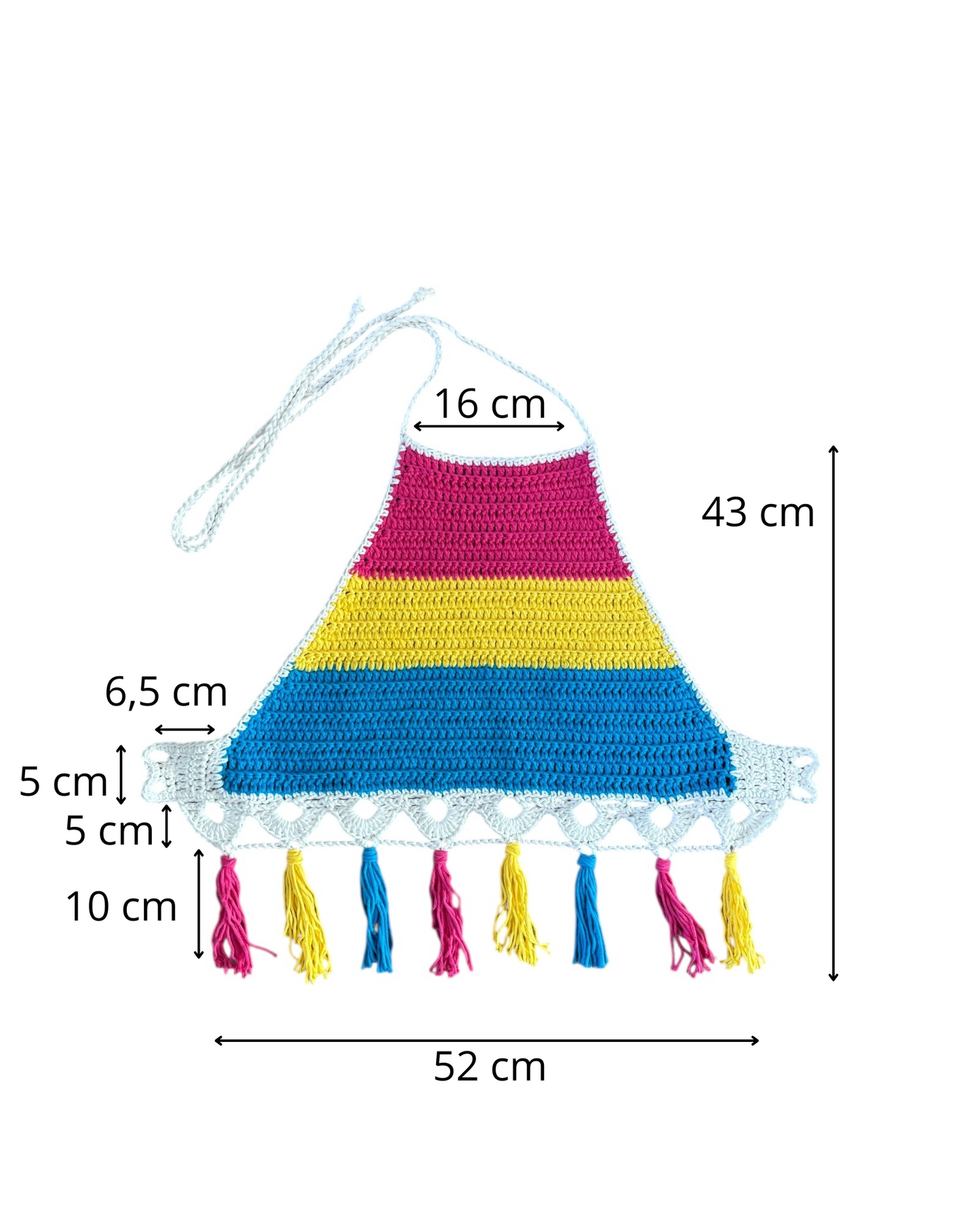Gehaakte haltertop van 100% katoen – handgemaakte boho festival top met kwastjes in de pan-pride vlag kleuren – maat S