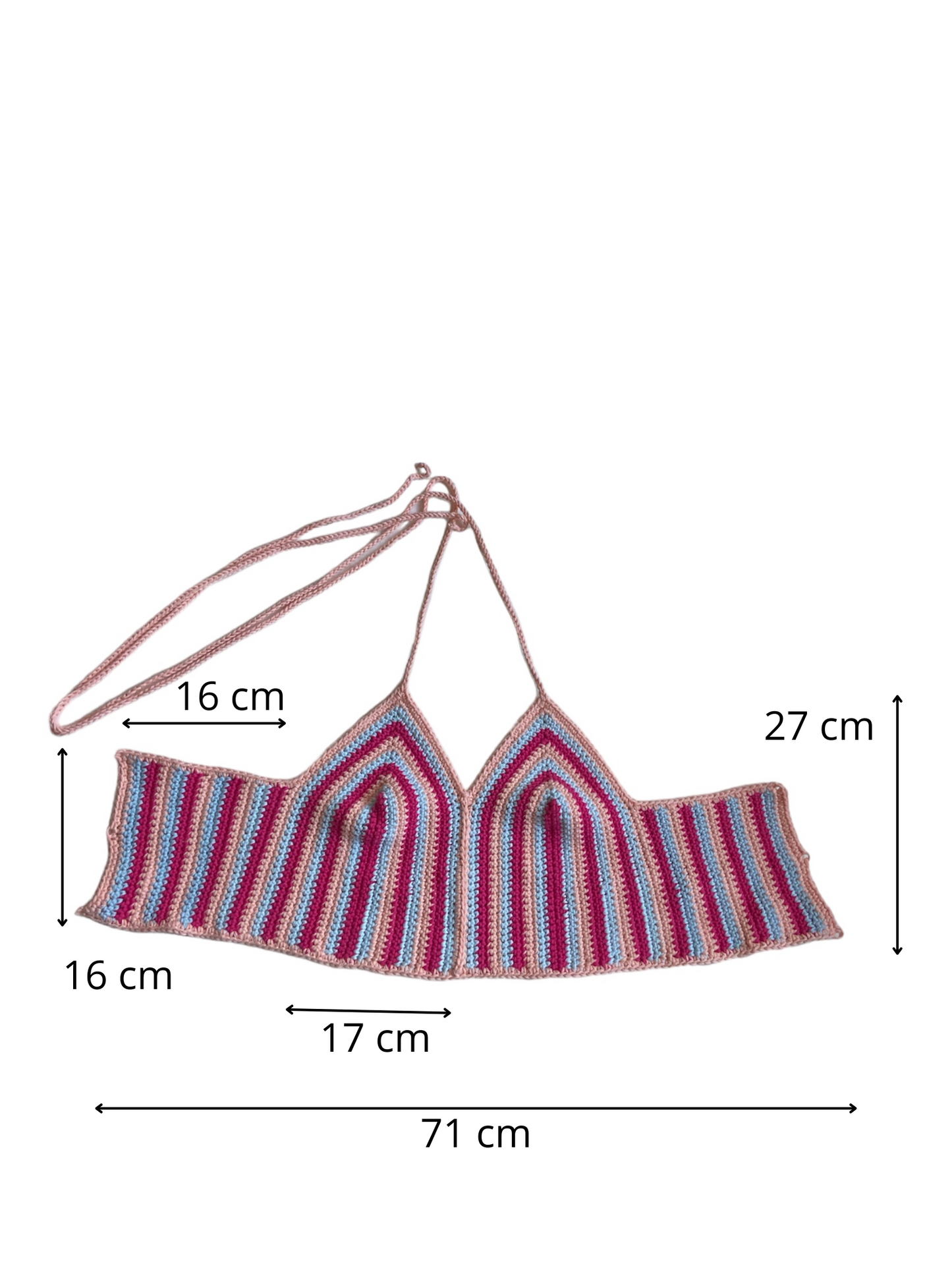 Gehaakte gestreepte crop-top van 100% katoen - handgemaakte festival top met roze, blauw en lichtoranje streepjes - maat L
