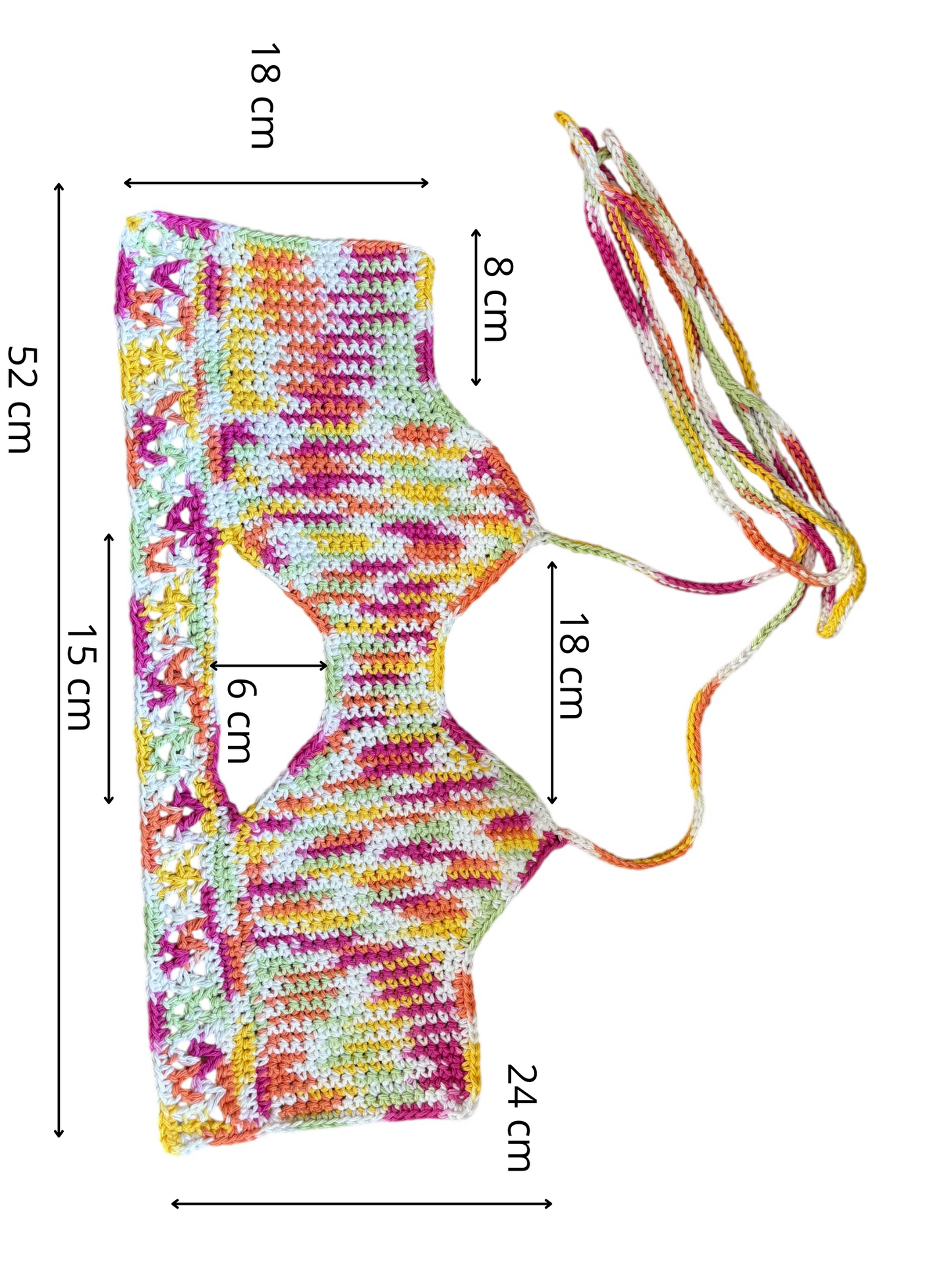Gehaakte crop-top/bralette katoen roze wit groen geel - handgemaakte festival top (sneak-a-peek) - maat M