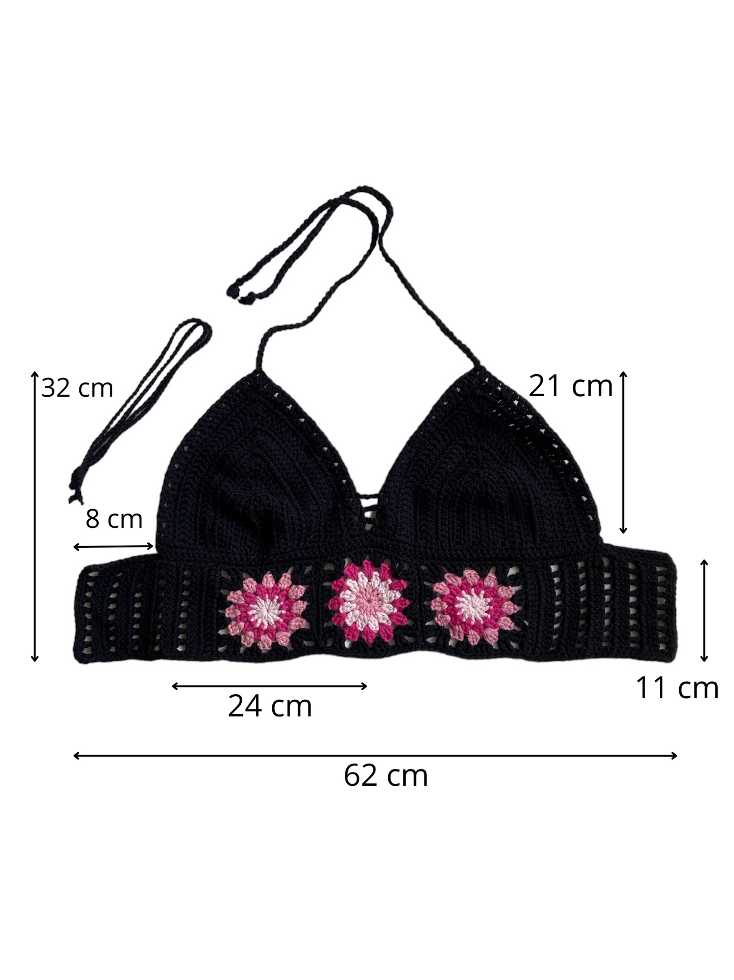 Gehaakte zwarte Marigold crop-top met roze granny squares – 100% katoen – maat L