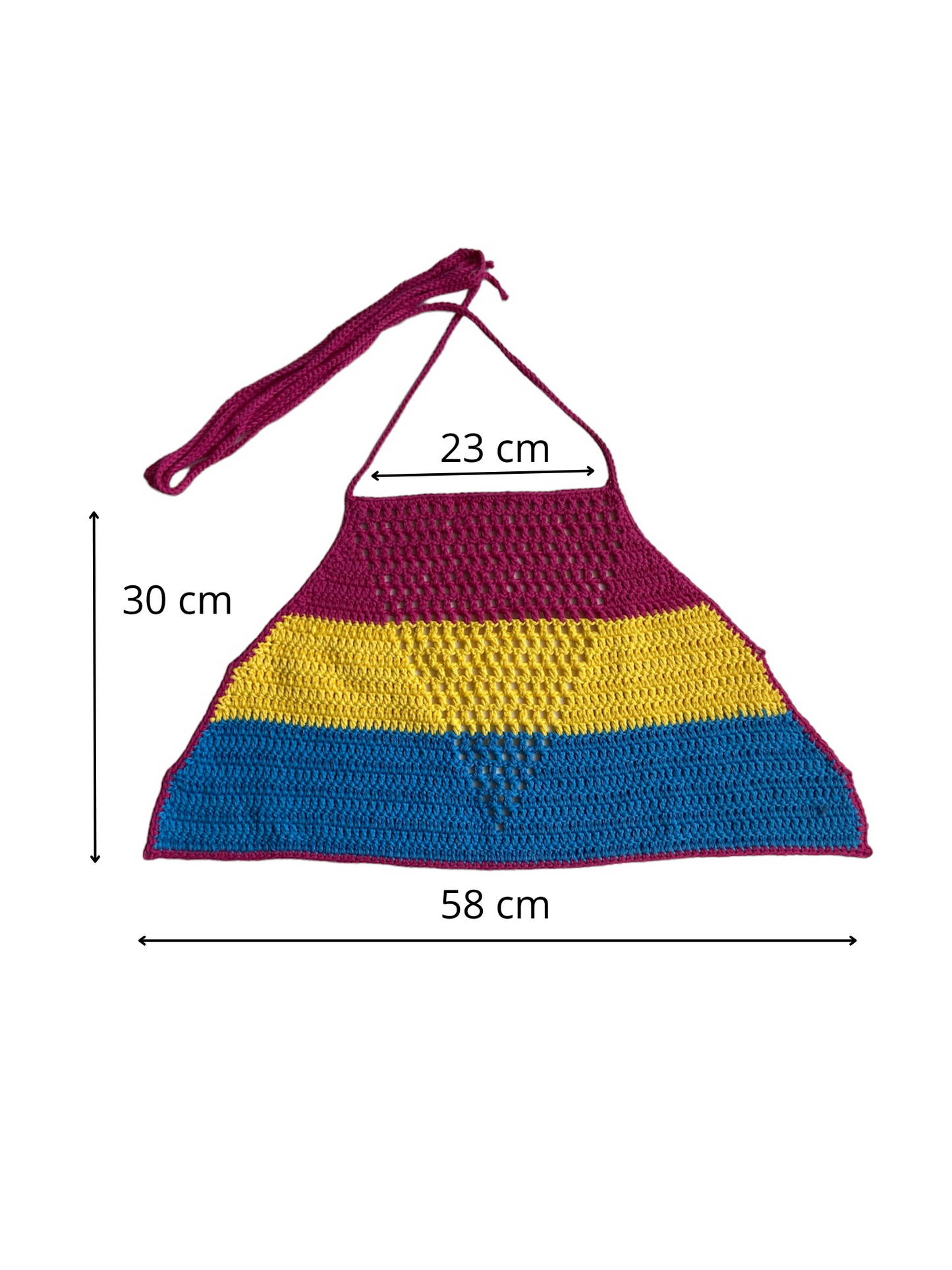 Gehaakte haltertop van 100% katoen met mesh detail in V-vorm - handgemaakte festival top in pan pride kleuren- maat L