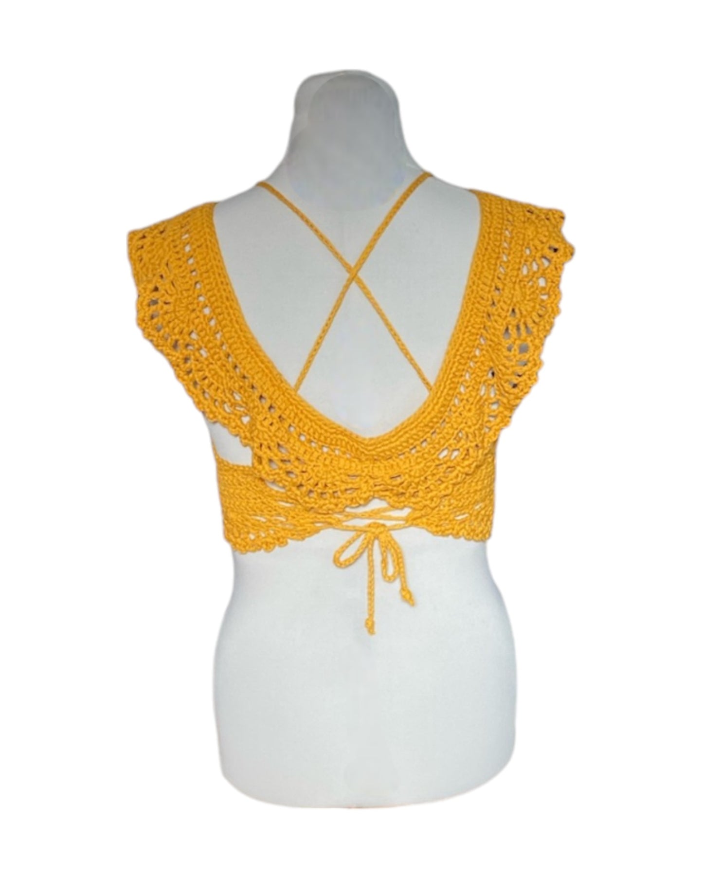Gehaakte Aurora crop-top katoen oker geel – handgemaakte boho festival top – maat M