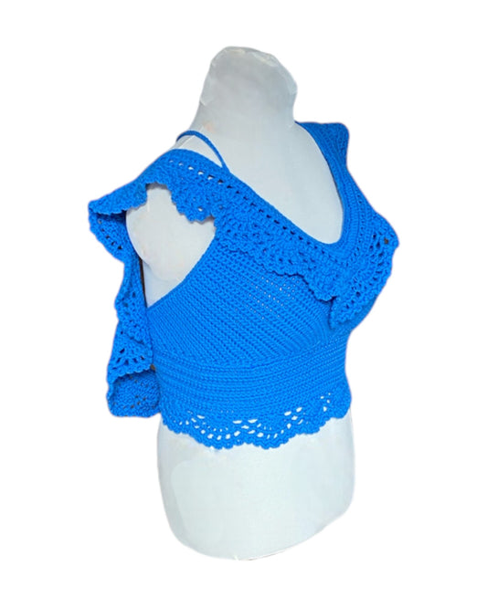 Gehaakte Aurora crop-top katoen blauw – handgemaakte boho festival top – maat XL