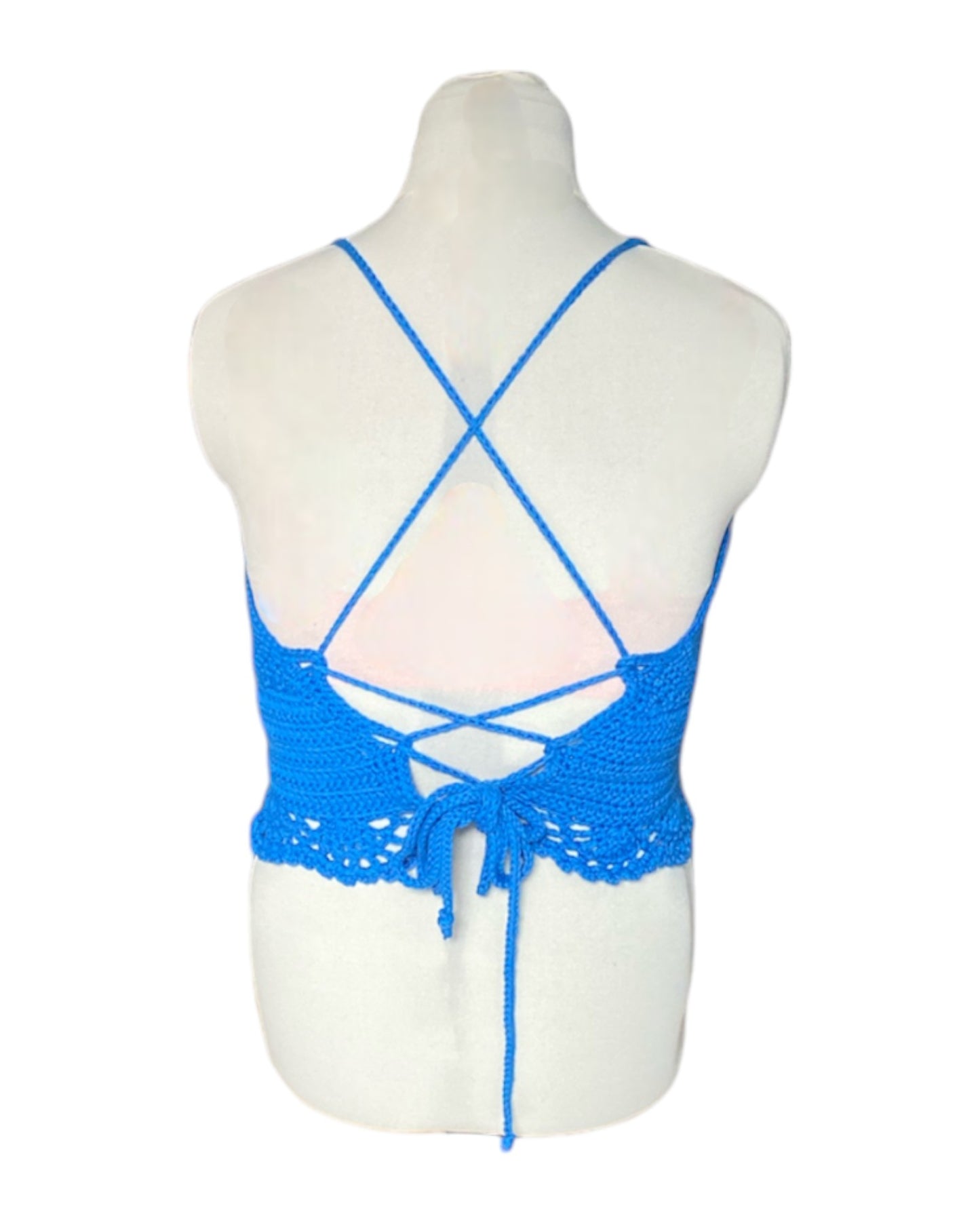 Gehaakte Aurora crop-top katoen blauw – handgemaakte boho festival top – maat XL