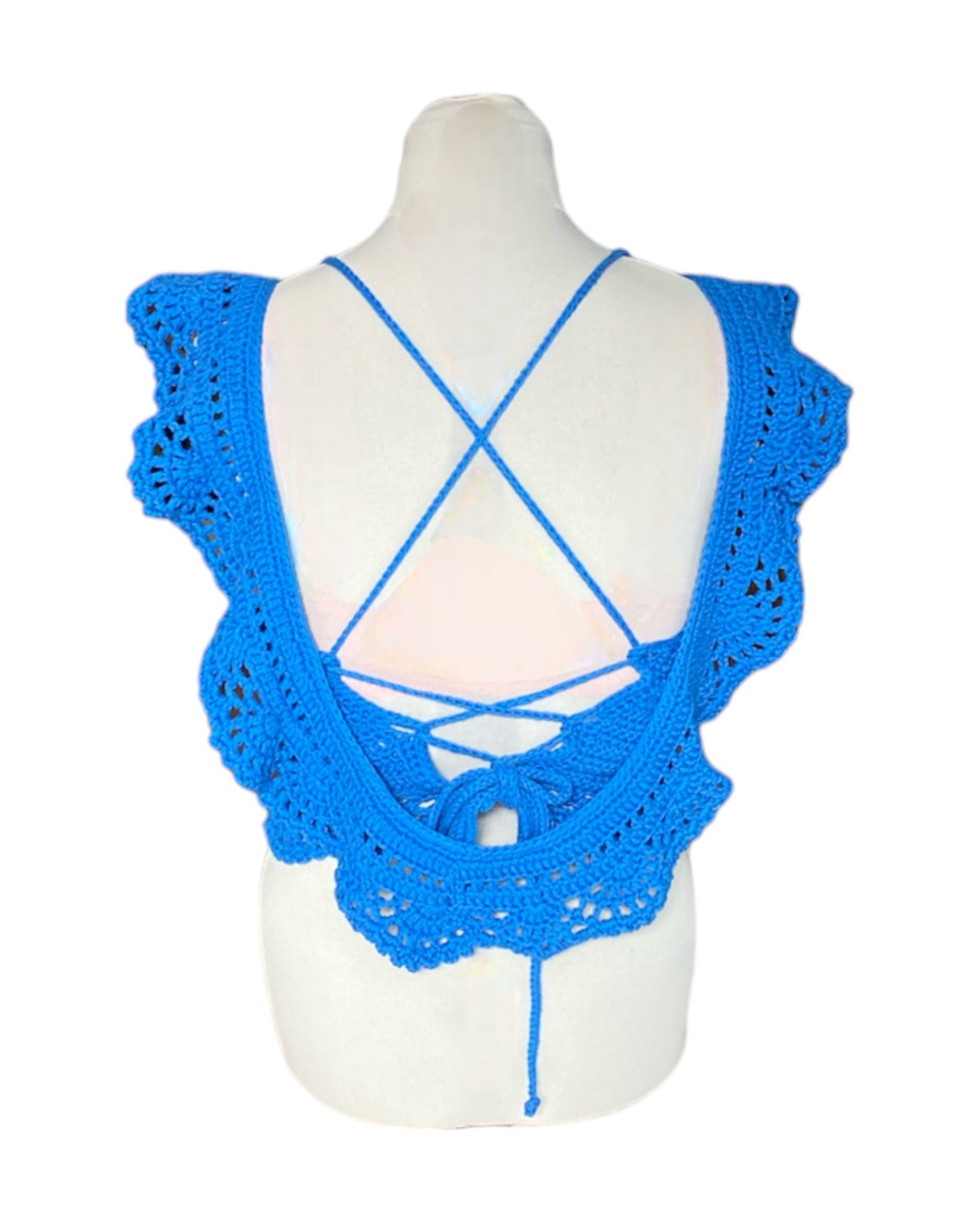 Gehaakte Aurora crop-top katoen blauw – handgemaakte boho festival top – maat XL