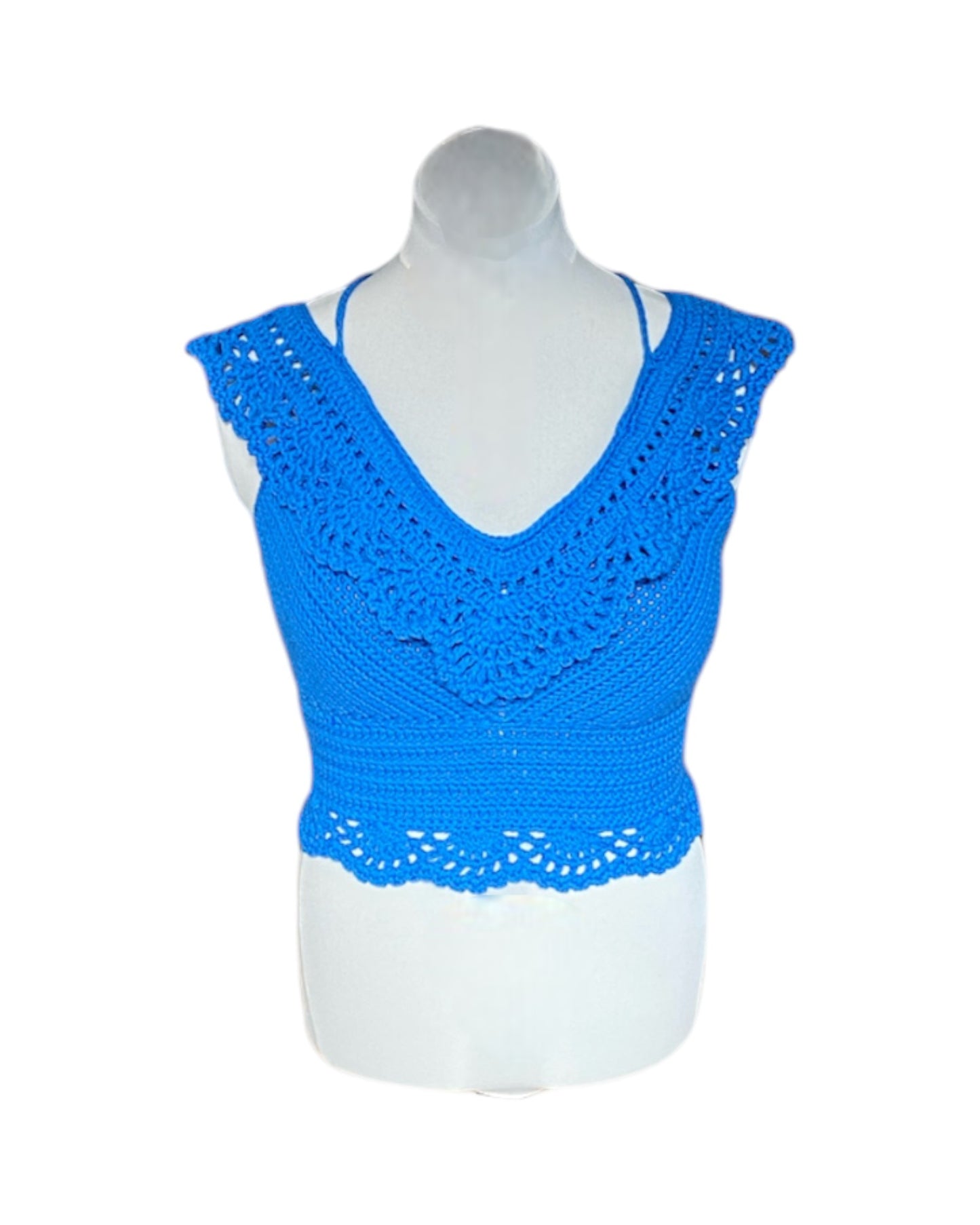 Gehaakte Aurora crop-top katoen blauw – handgemaakte boho festival top – maat XL