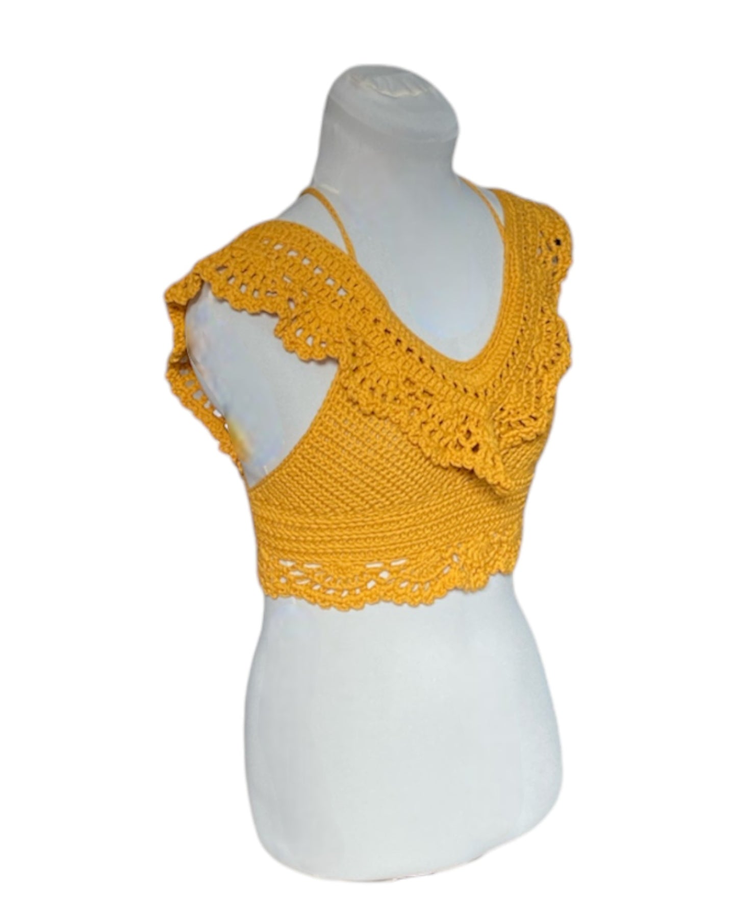 Gehaakte Aurora crop-top katoen oker geel – handgemaakte boho festival top – maat M
