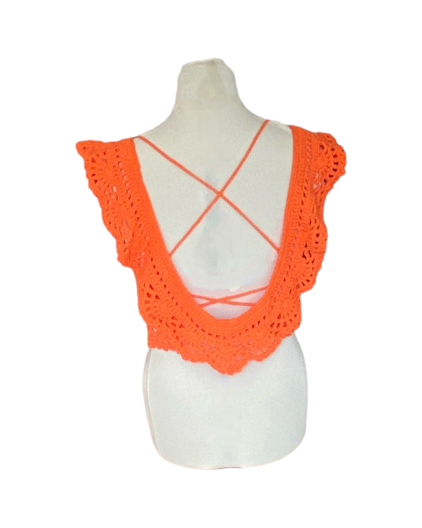 Gehaakte Aurora crop-top katoen oranje – handgemaakte boho festival top – maat S
