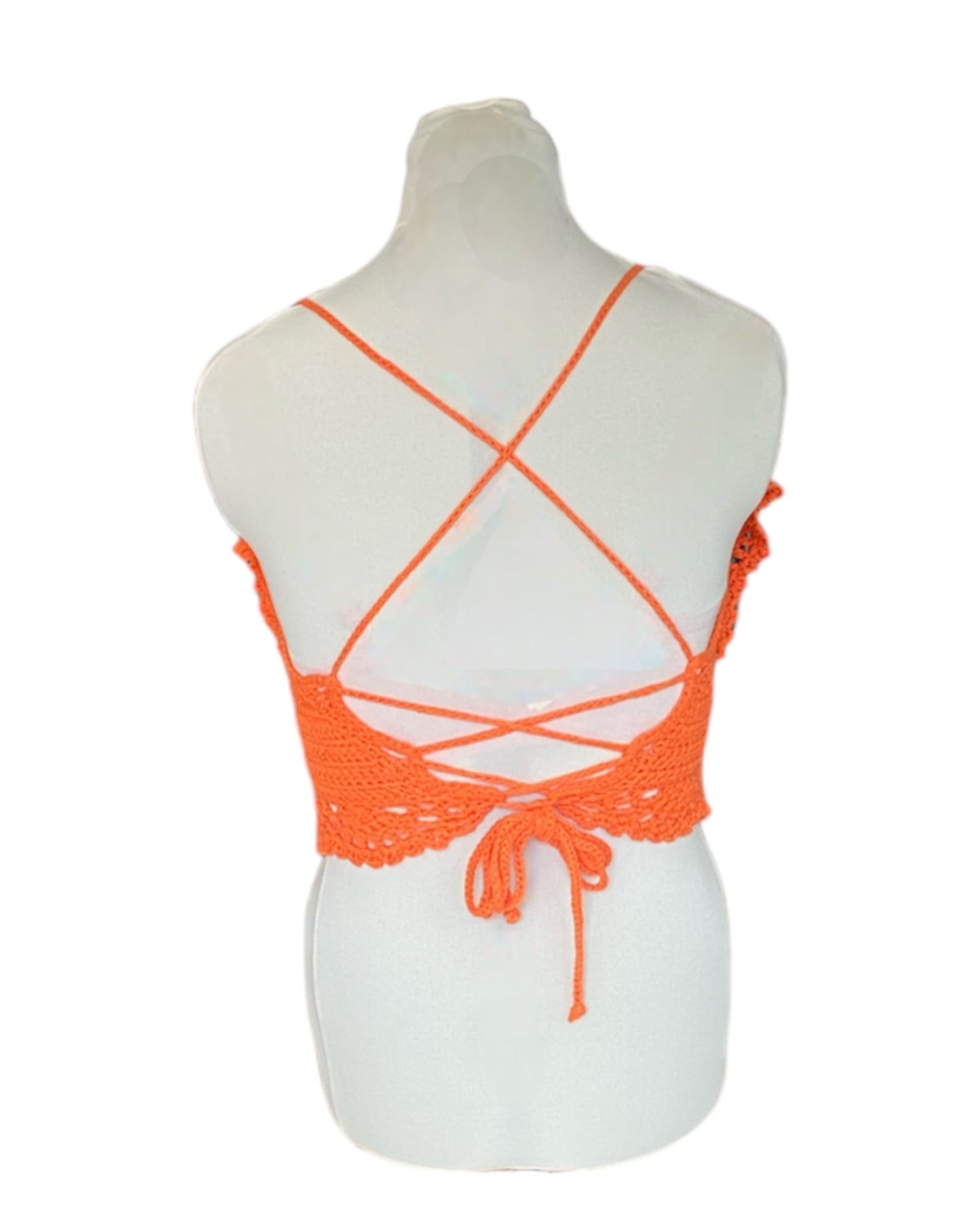 Gehaakte Aurora crop-top katoen oranje – handgemaakte boho festival top – maat S