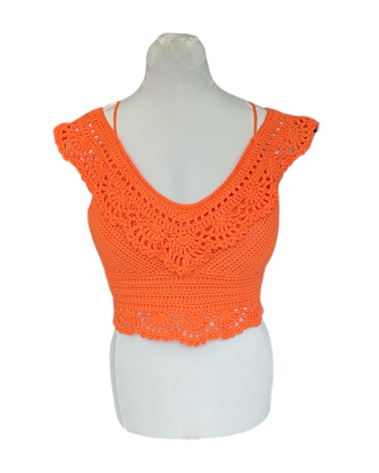 Gehaakte Aurora crop-top katoen oranje – handgemaakte boho festival top – maat S