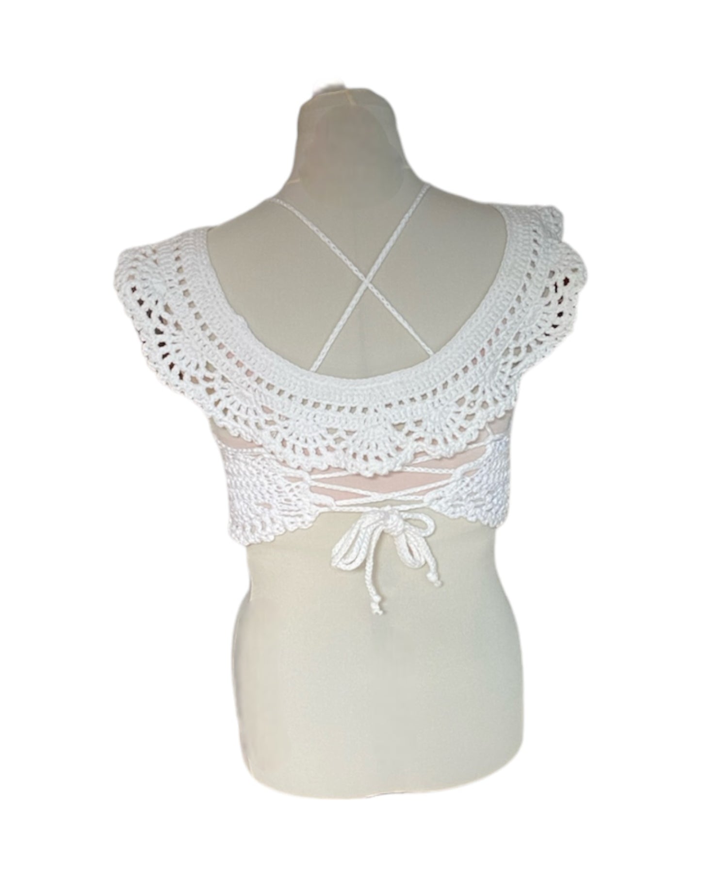 Gehaakte Aurora crop-top katoen wit – handgemaakte boho festival top – maat L