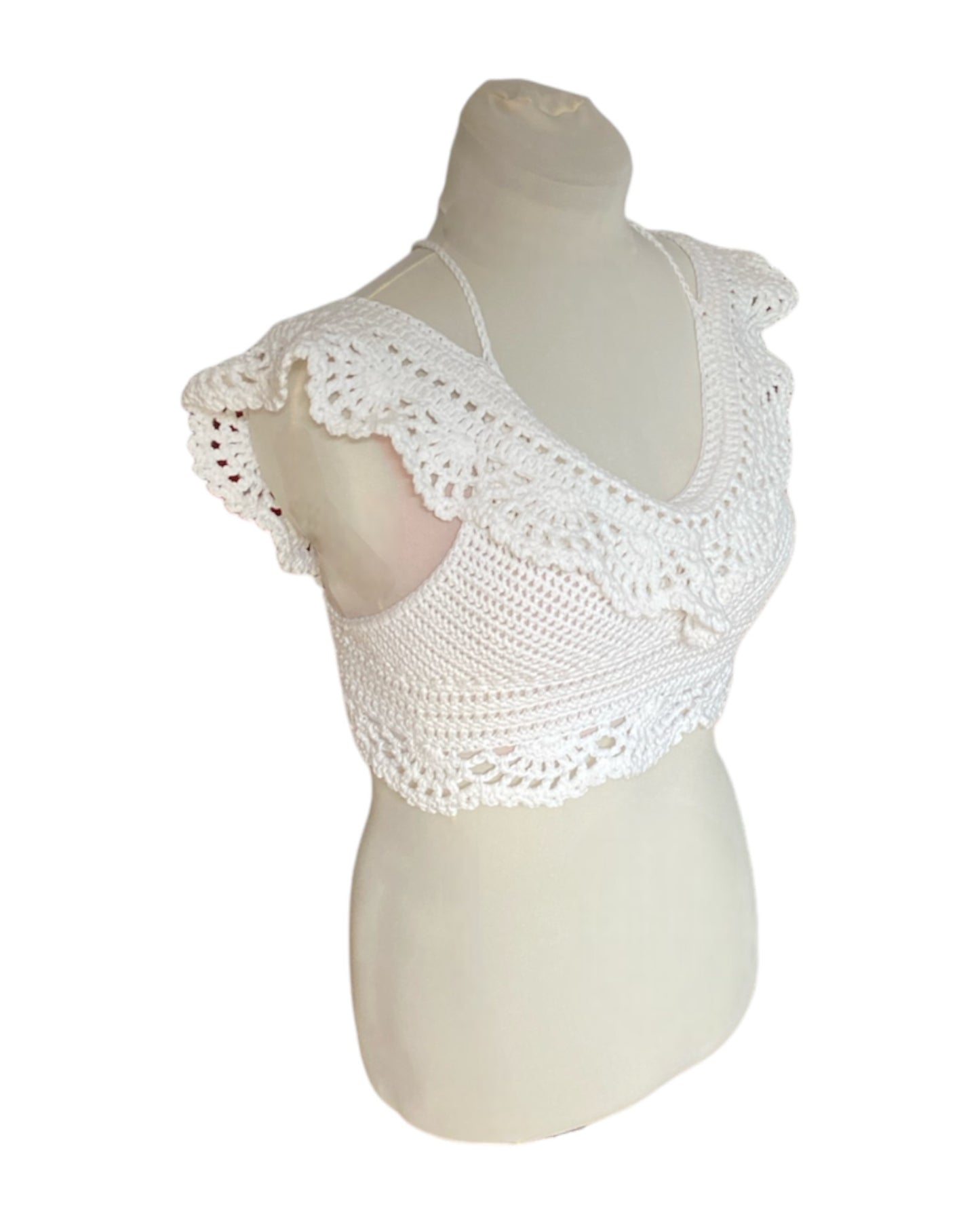 Gehaakte Aurora crop-top katoen wit – handgemaakte boho festival top – maat L
