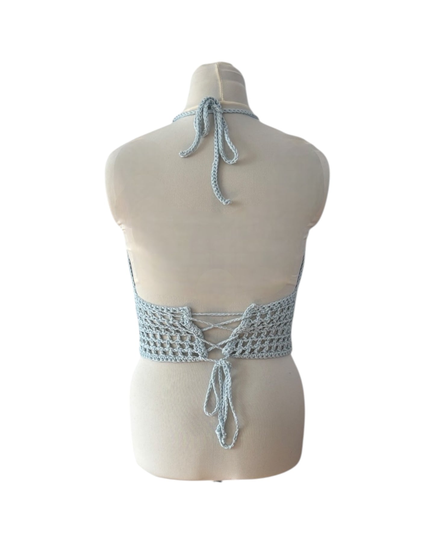 Gehaakte crop-top bralette katoen lichtblauw - handgemaakte festival top (mesh) - maat L