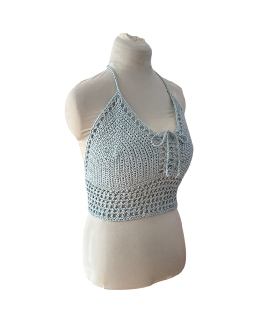 Gehaakte crop-top bralette katoen lichtblauw - handgemaakte festival top (mesh) - maat L