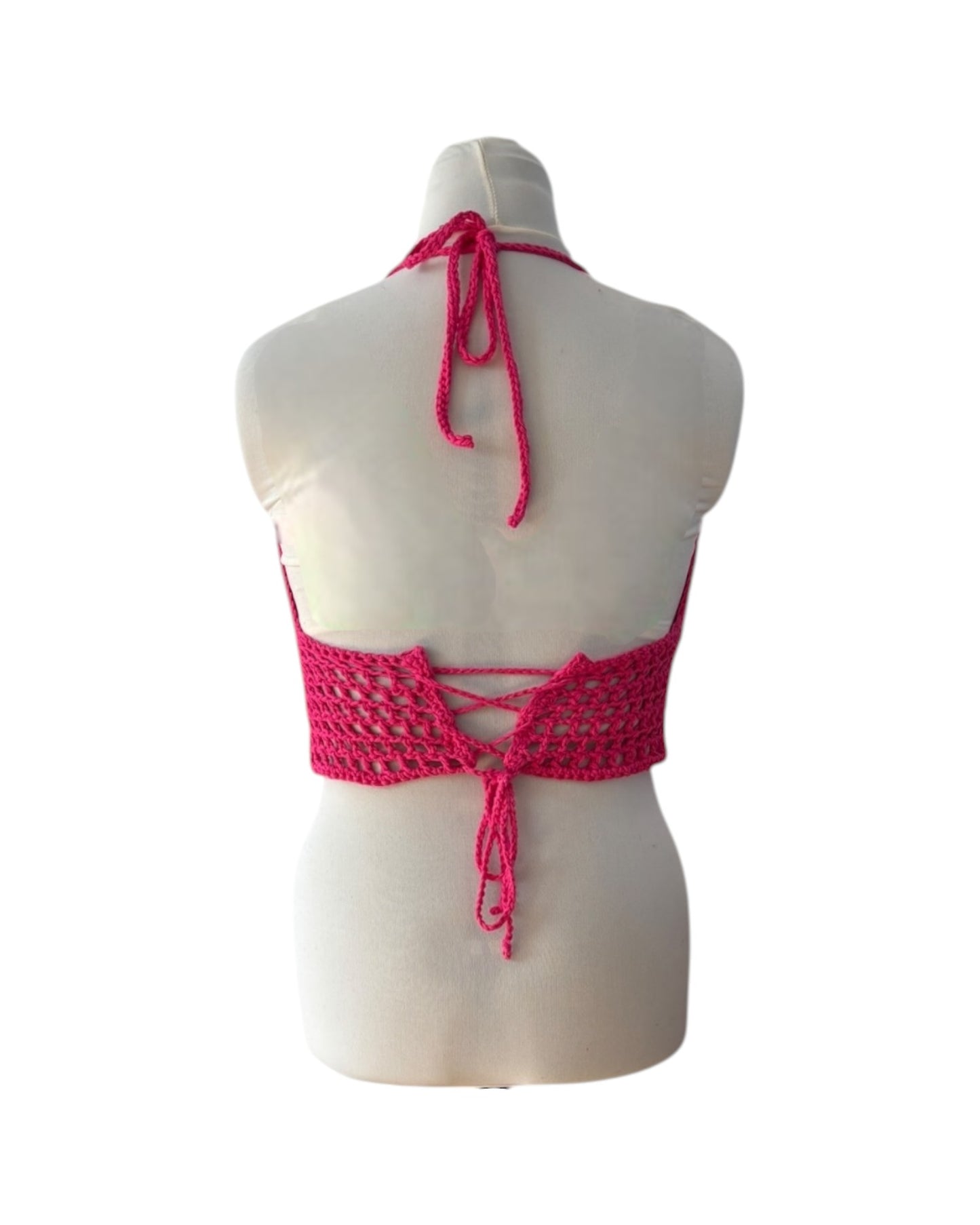 Gehaakte crop-top bralette katoen felroze - handgemaakte festival top (mesh) – maat XL