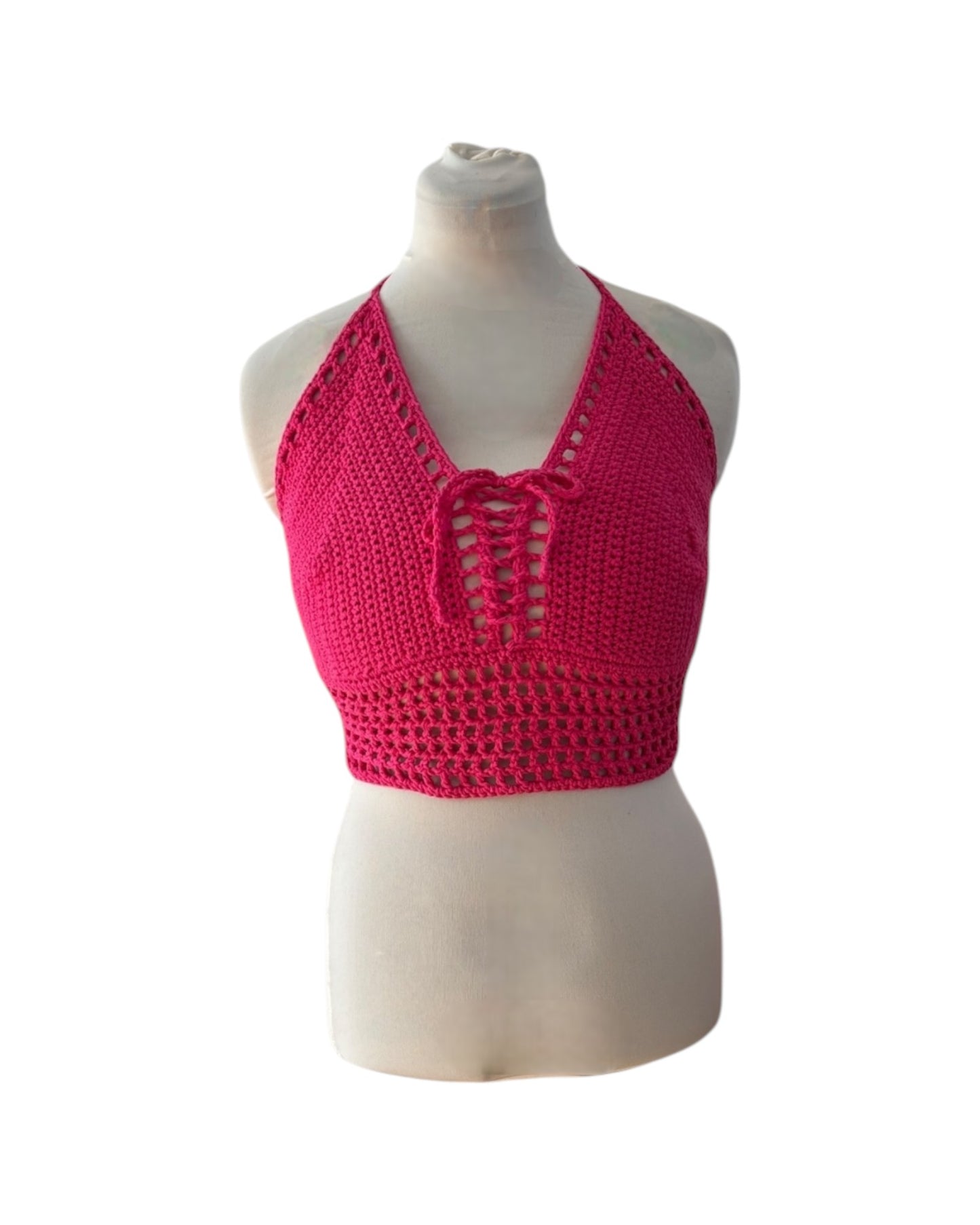Gehaakte crop-top bralette katoen felroze - handgemaakte festival top (mesh) – maat XL