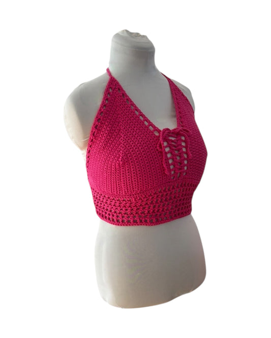 Gehaakte crop-top bralette katoen felroze - handgemaakte festival top (mesh) – maat XL