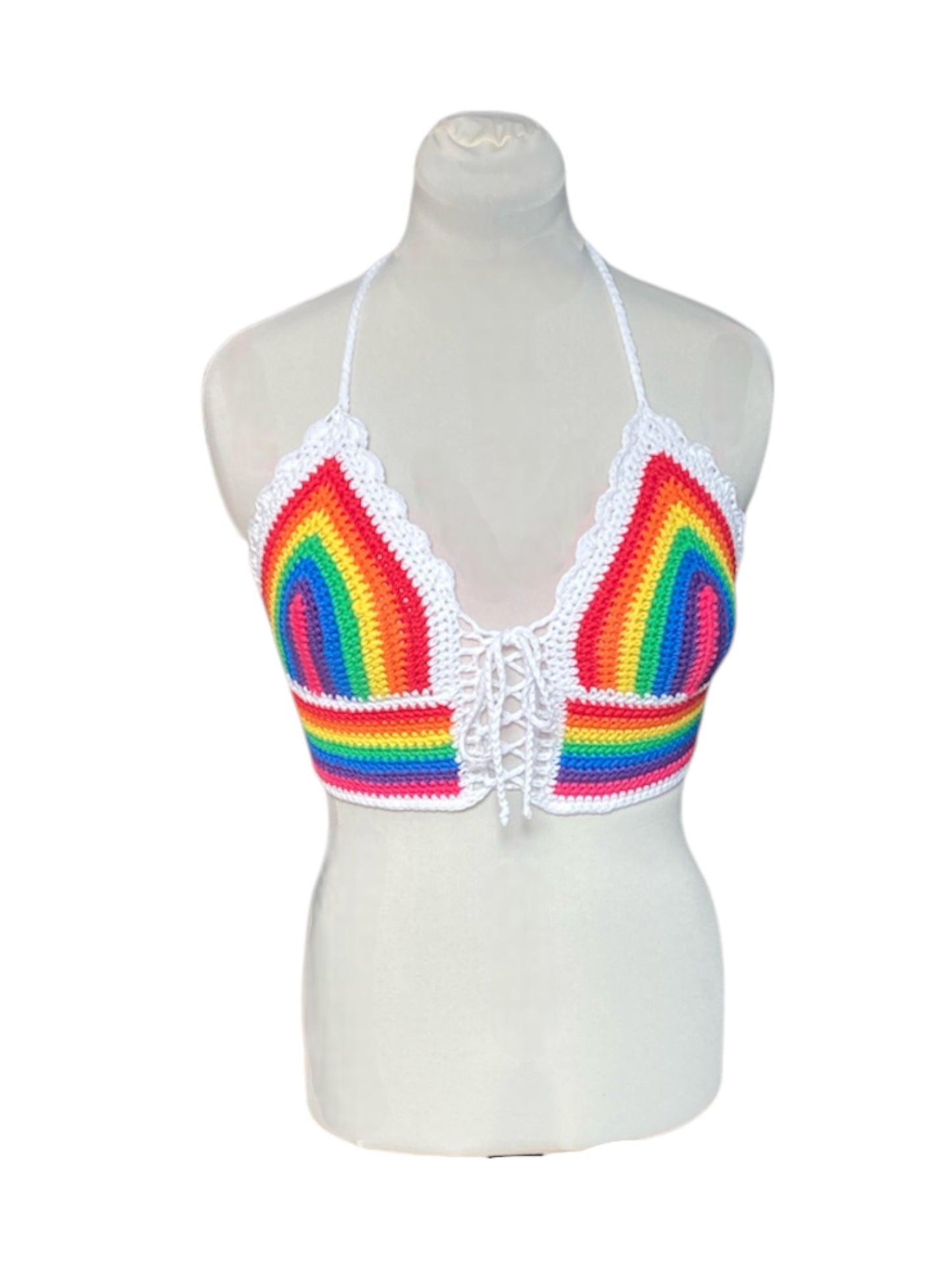 Gehaakte, gestreepte corset crop-top katoen regenboog – handgemaakte festival top – maat L
