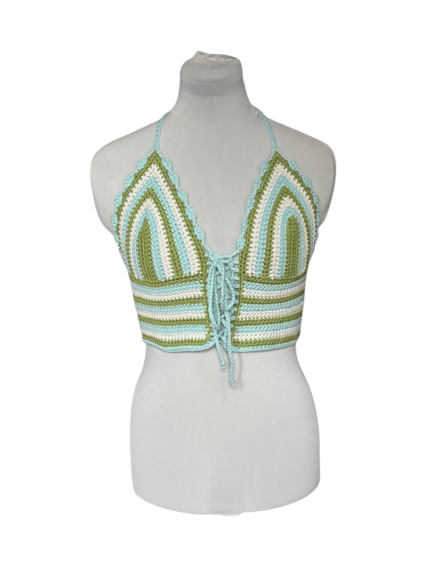 Gehaakte, gestreepte corset crop-top katoen creme, blauw, groen – handgemaakte festival top – maat M