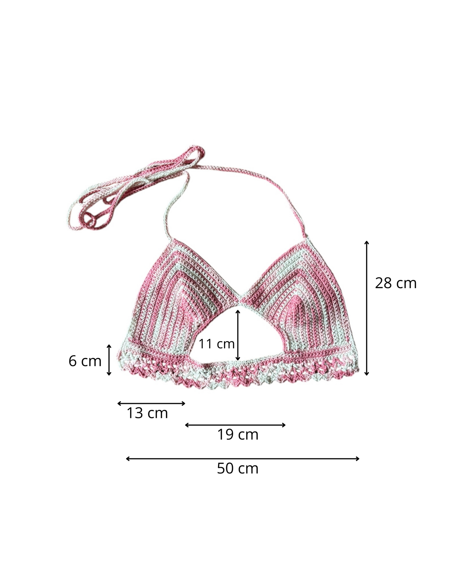 Gehaakte crop-top bralette katoen roze wit - handgemaakte festival top (Peek-a-boob) - maat XL