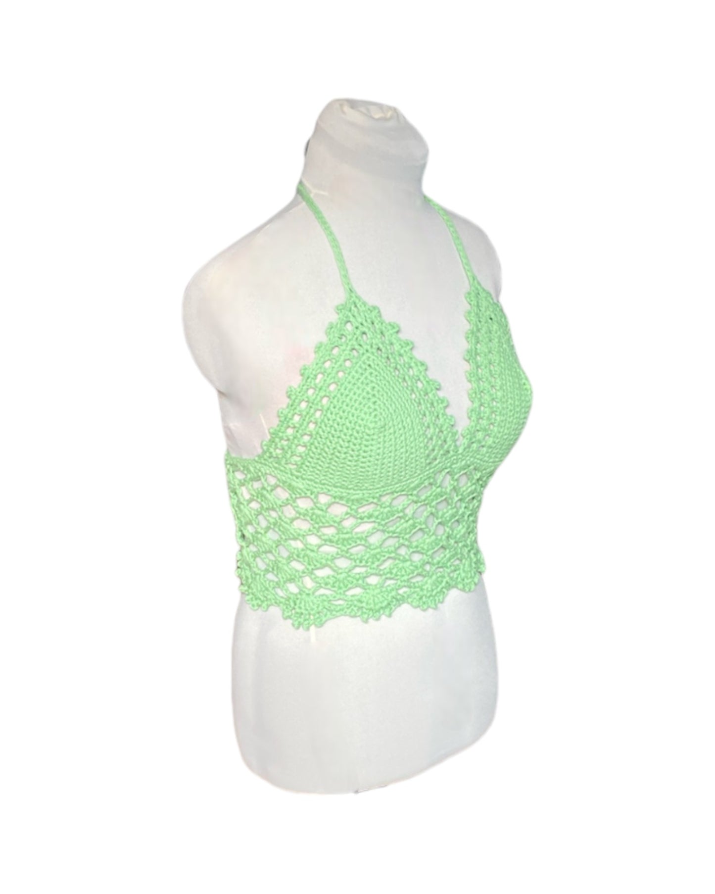 Gehaakte kanten bralette katoen lichtgroen - handgemaakte elegante festival top  – maat L