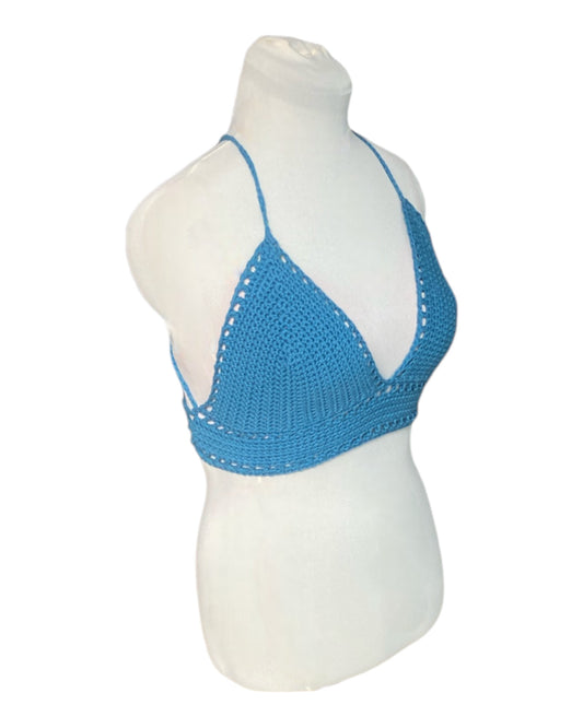 Gehaakte basis crop-top/bralette katoen - handgemaakte blauwgroene festival top - maat M