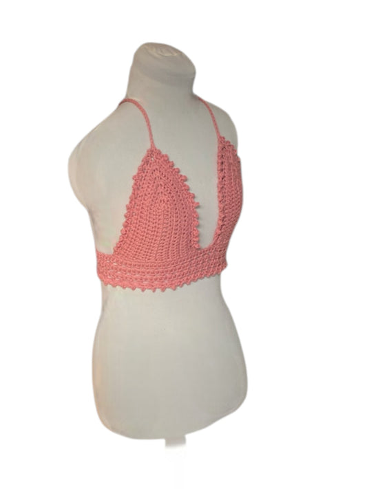 Gehaakte vrolijke crop-top van katoen - handgemaakte roze festival top - maat S