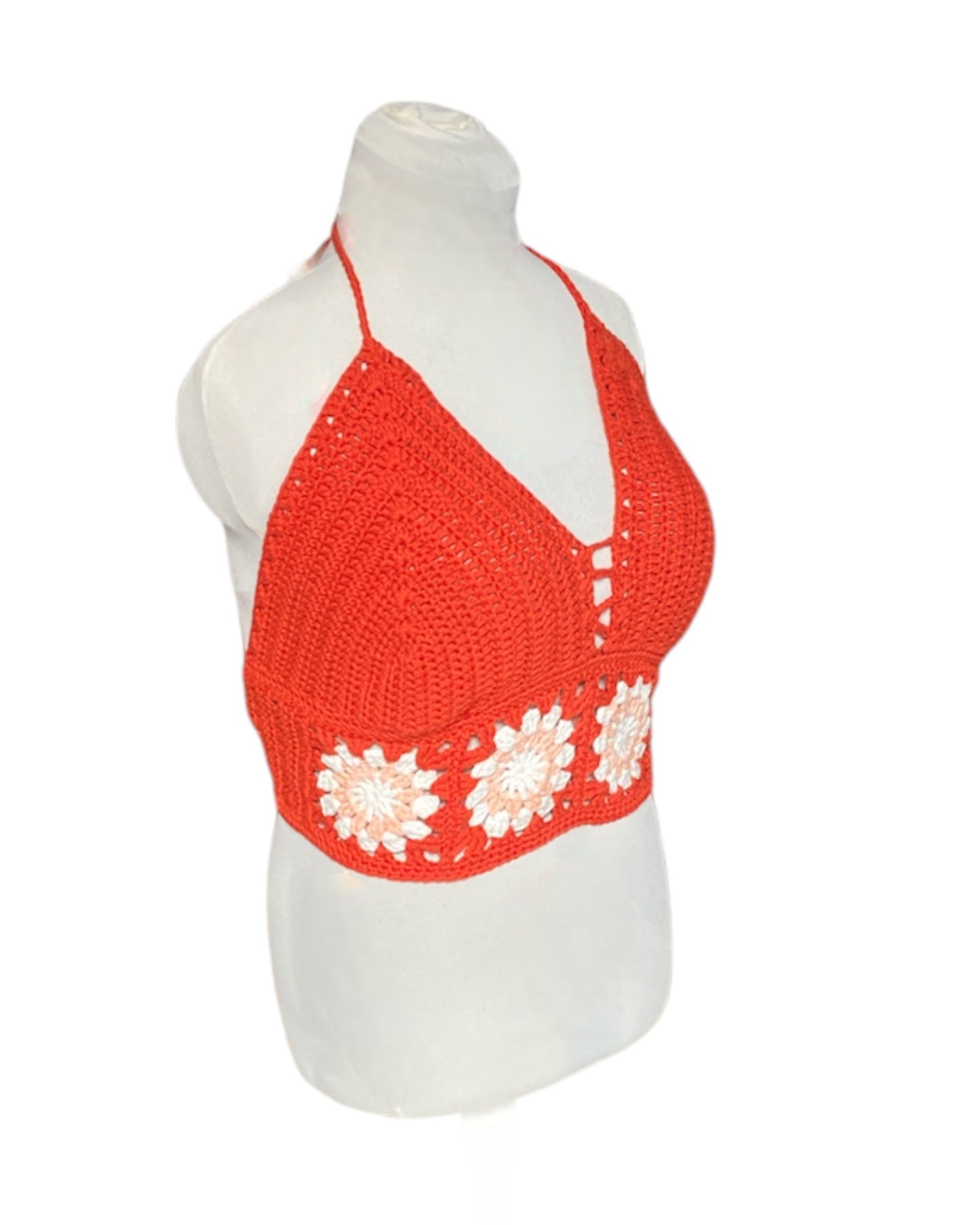 Gehaakte oranje Marigold crop-top met licht oranje granny squares – 100% katoen – maat XL