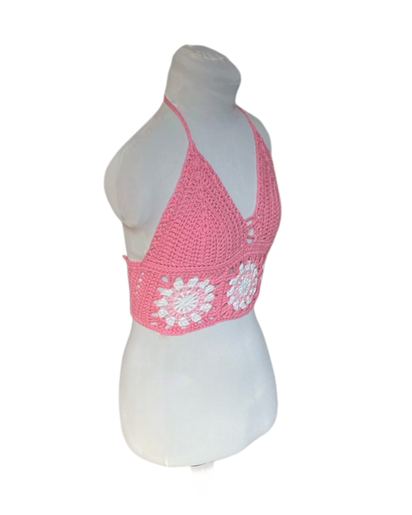 Gehaakte roze Marigold crop-top met granny squares – 100% katoen – maat S