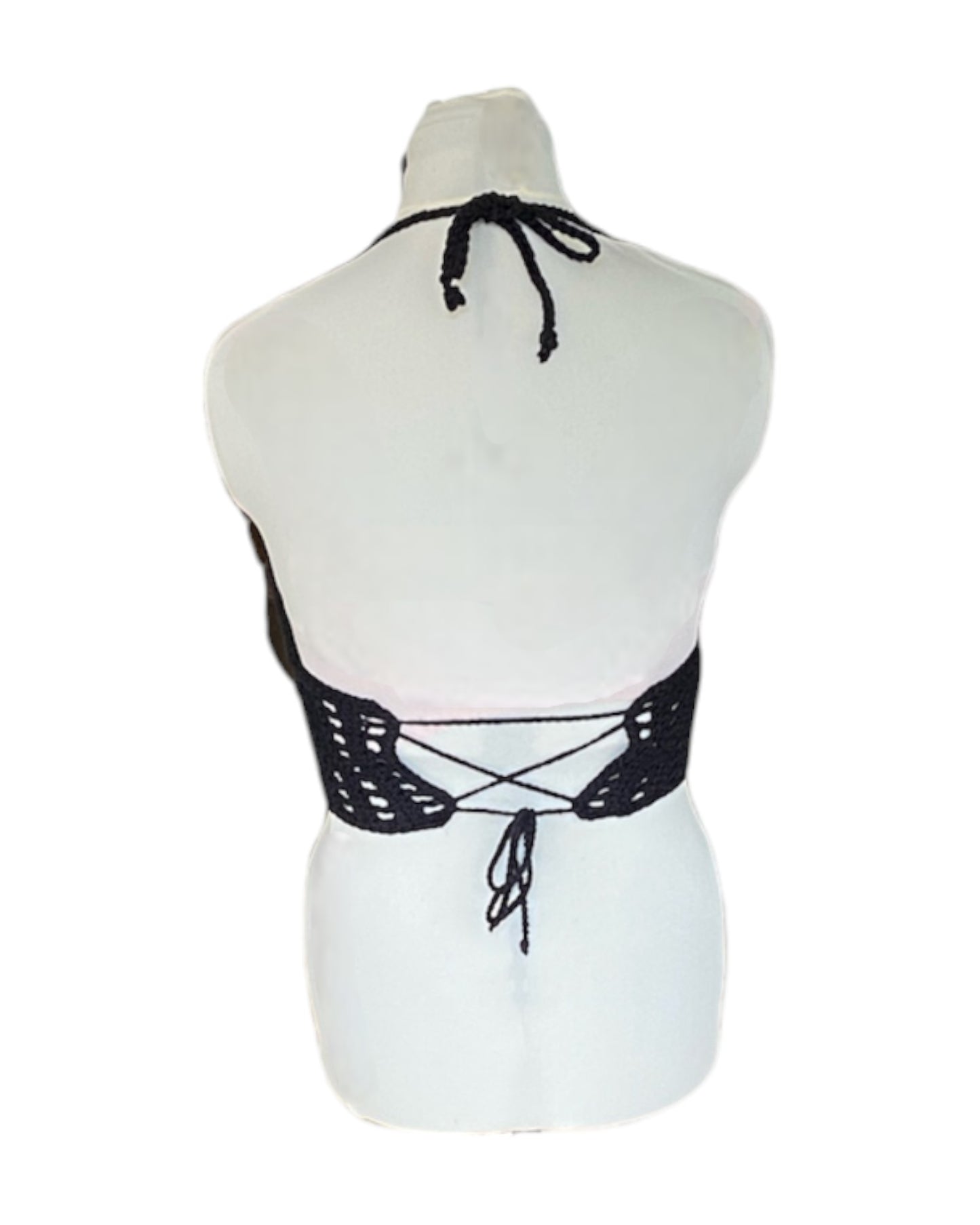 Gehaakte zwarte Marigold crop-top met roze granny squares – 100% katoen – maat L