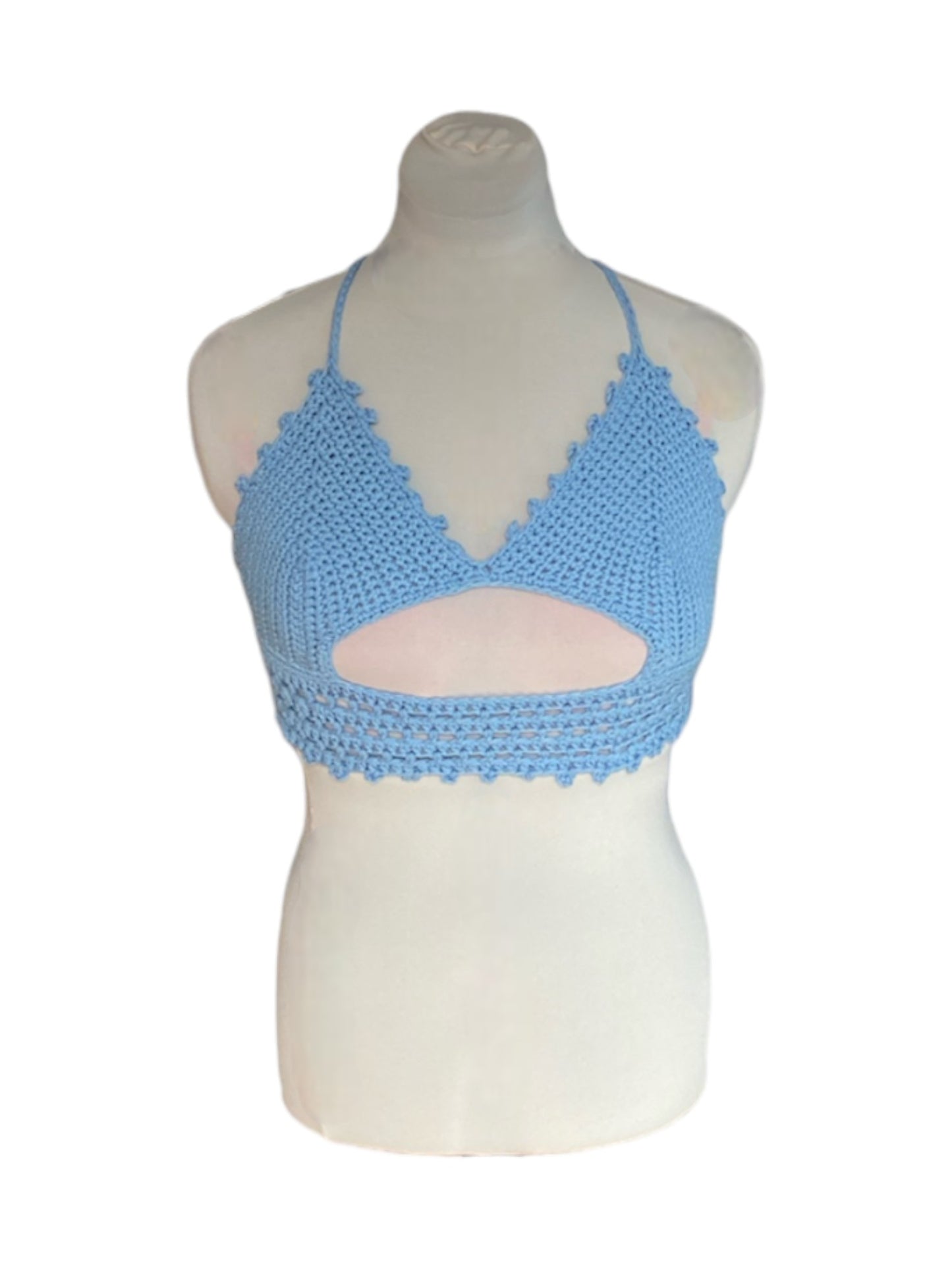 Gehaakte crop-top bralette katoen lichtblauw - handgemaakte festival top (Peek-a-boob) - maat M