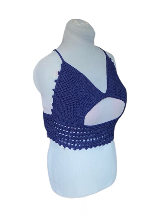Gehaakte crop-top bralette katoen donkerblauw - handgemaakte festival top (Peek-a-boob) - maat XL