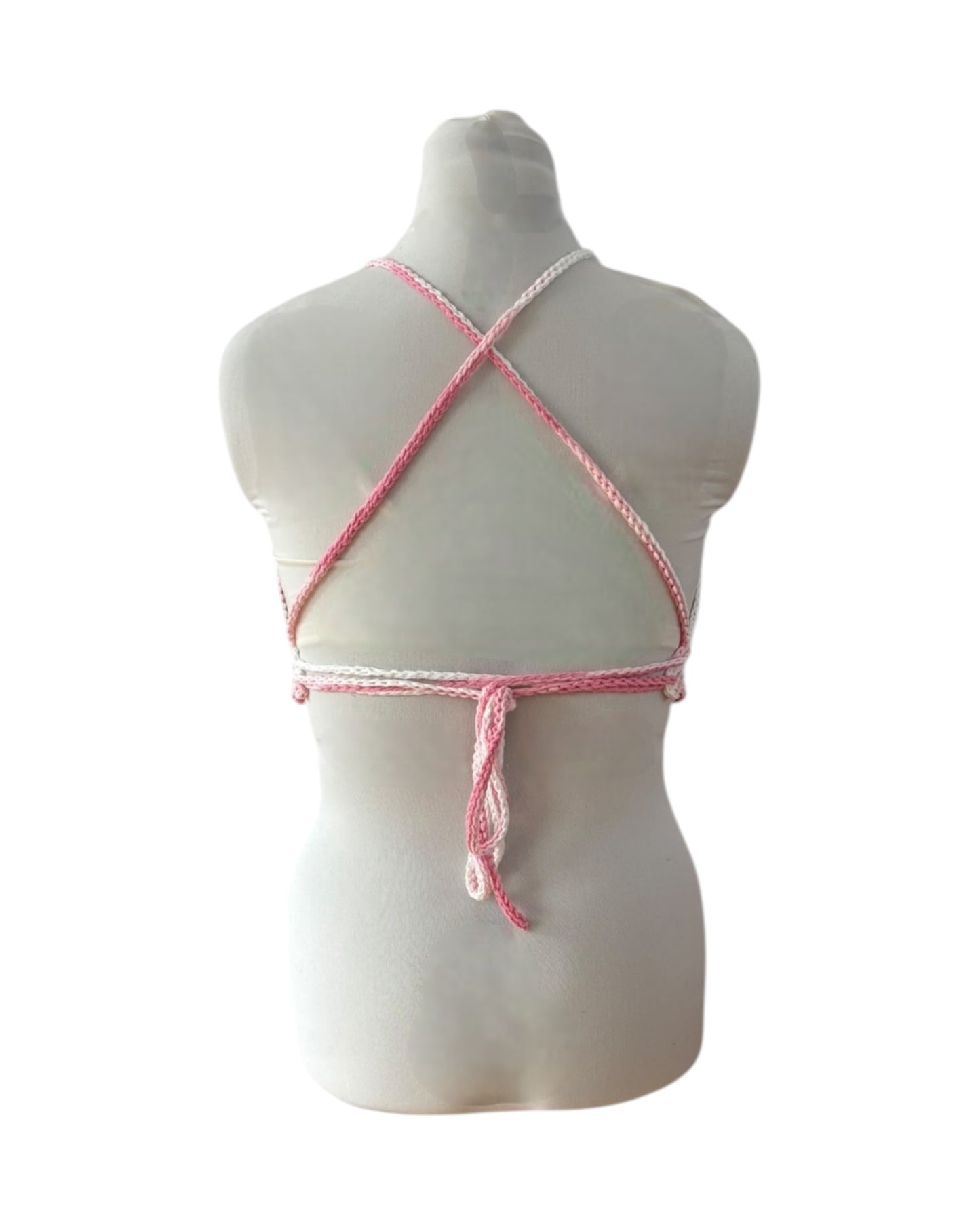 Gehaakte crop-top bralette katoen roze wit - handgemaakte festival top (Peek-a-boob) - maat XL
