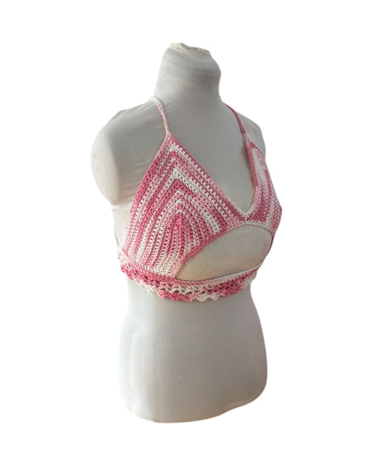 Gehaakte crop-top bralette katoen roze wit - handgemaakte festival top (Peek-a-boob) - maat XL