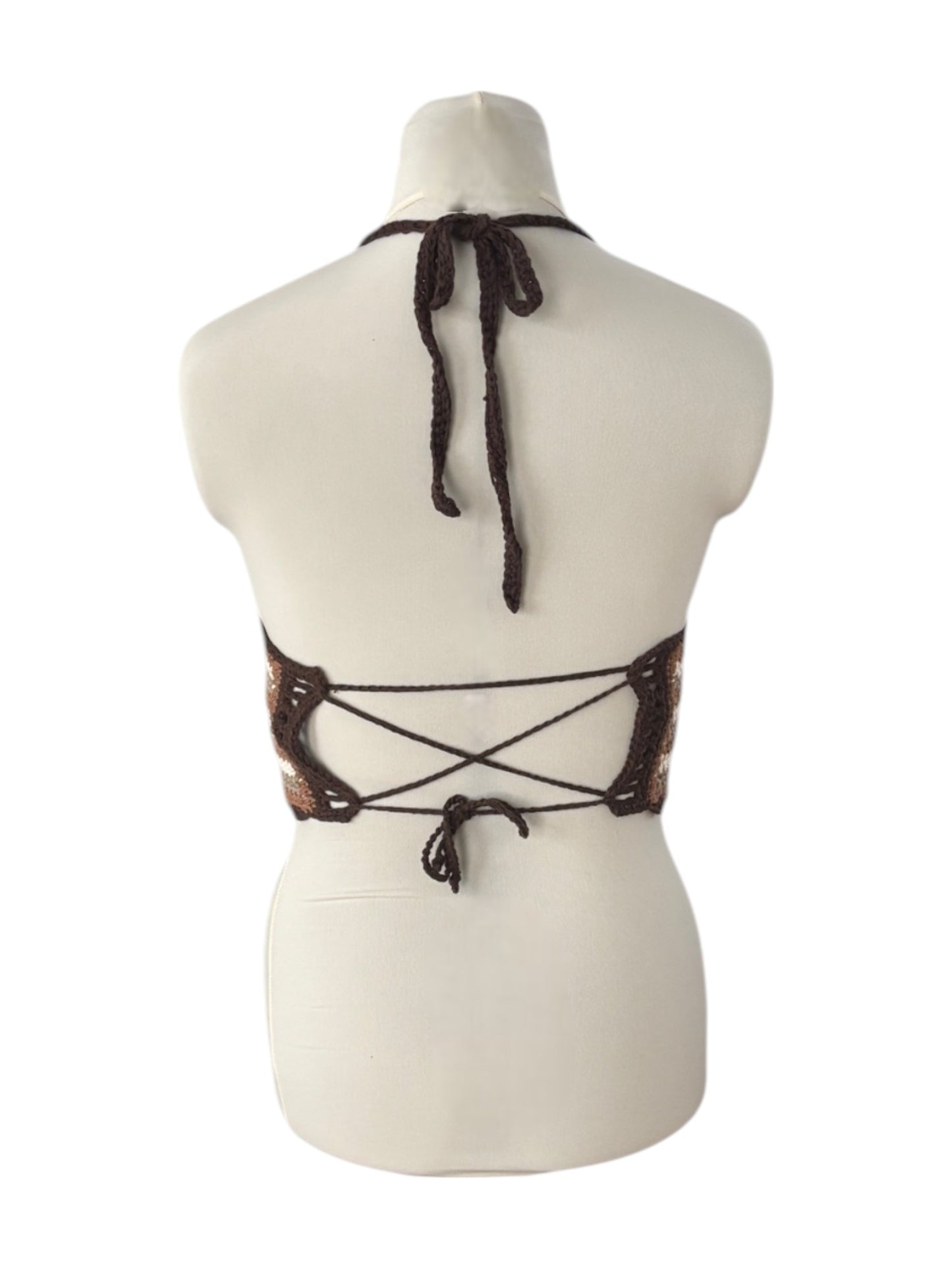 Gehaakte, gestreepte corset crop-top katoen bruin – handgemaakte festival top – maat S