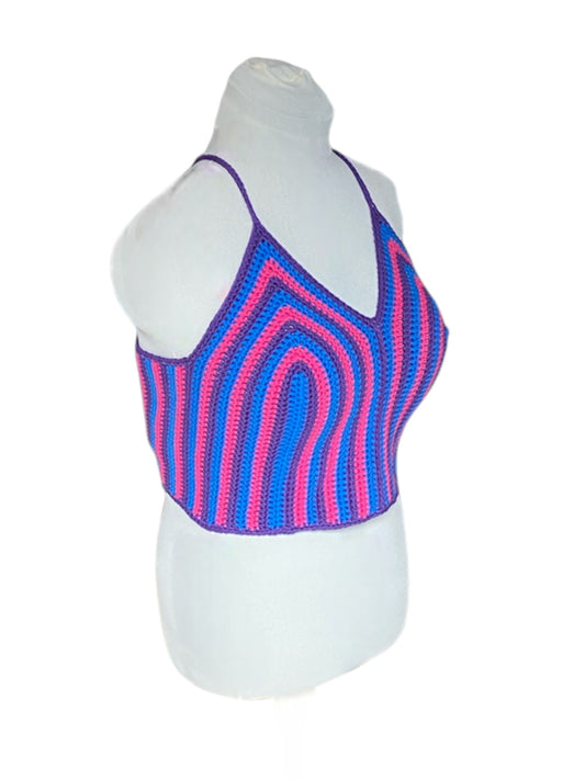 Gehaakte gestreepte bi pride crop-top van 100% katoen - handgemaakte festival top - maat XXL