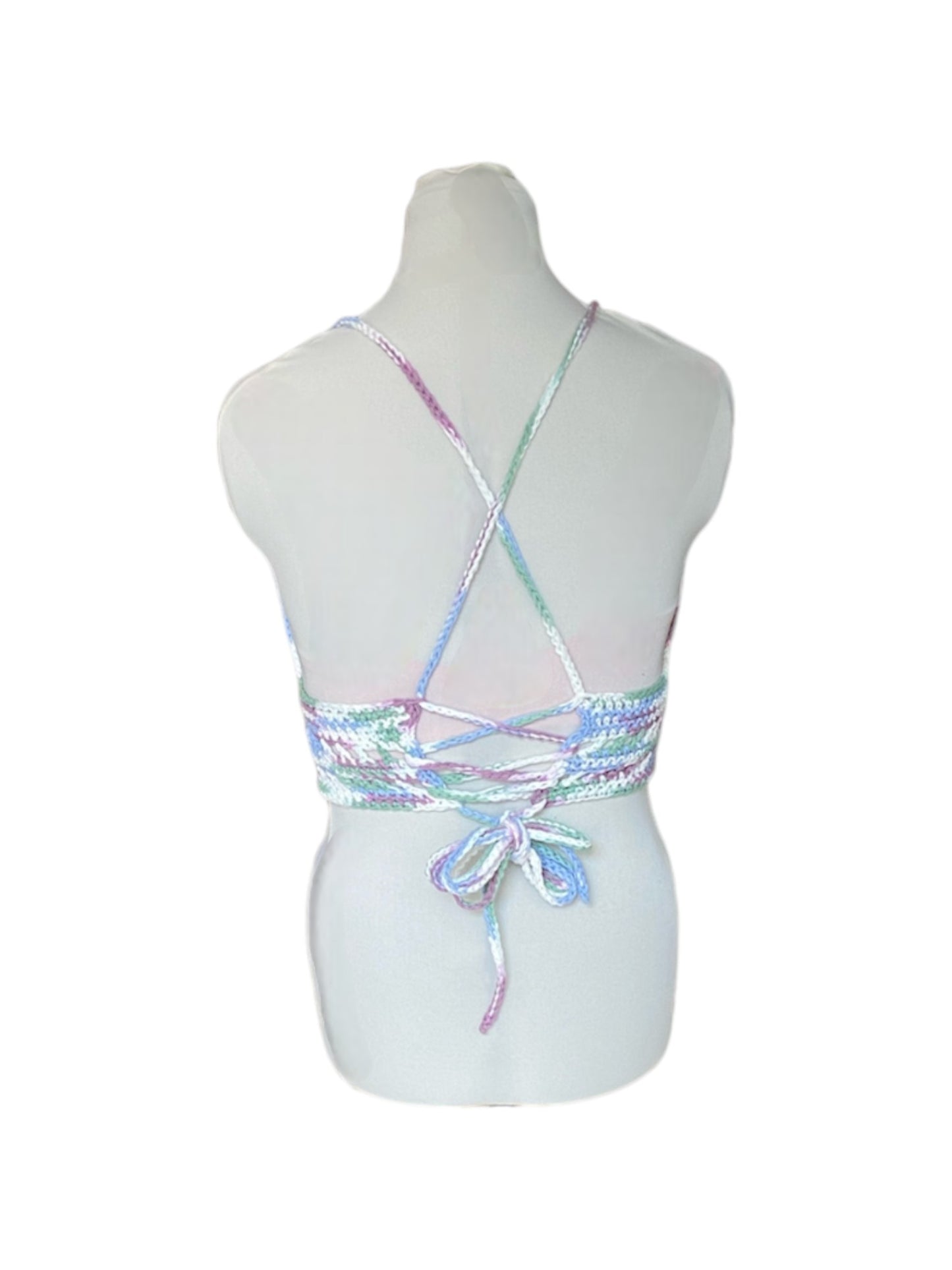 Gehaakte crop-top/bralette paars blauw groen wit - handgemaakte festival top van 100% katoen - maat XL