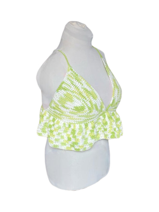 Gehaakte lichtgroene/witte crop-top/bralette van 100% katoen – handgemaakte festival top met speelse ruches  – maat L