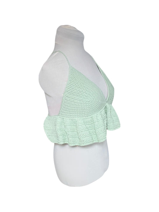 Gehaakte lichtgroene crop-top/bralette van 100% katoen – handgemaakte festival top met speelse ruches – maat L