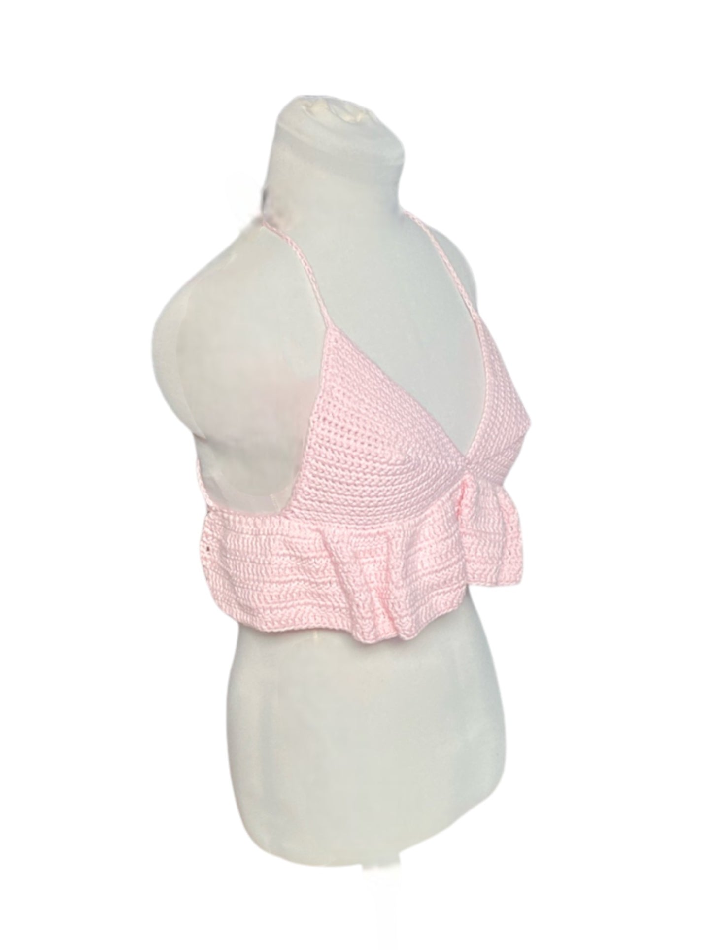 Gehaakte lichtroze crop-top/bralette van 100% katoen – handgemaakte festival top met speelse ruches  – maat M