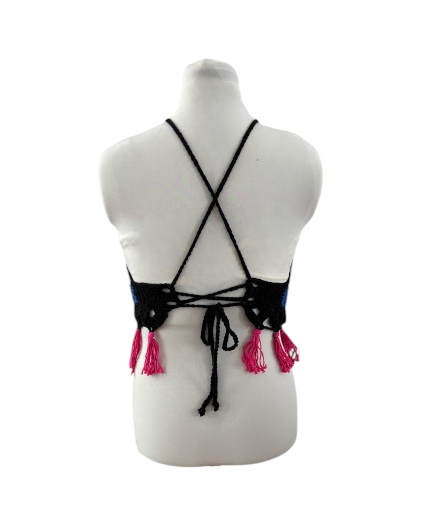 Gehaakte haltertop van 100% katoen – handgemaakte boho festival top met kwastjes in kleuren van bi pride vlag – maat L