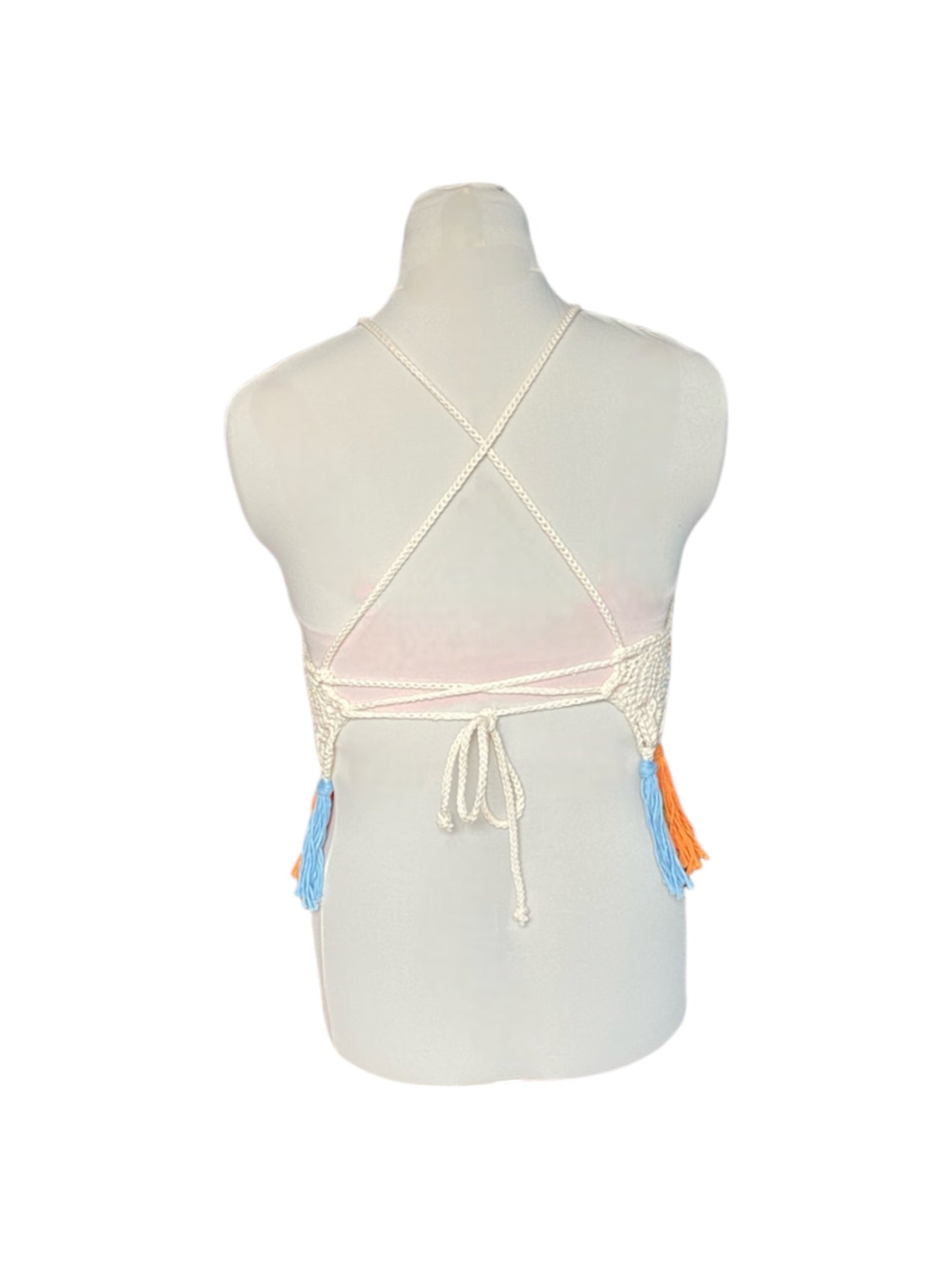 Gehaakte haltertop van 100% katoen – handgemaakte boho festival top met kwastjes, groen-geel-oranje-creme – maat M