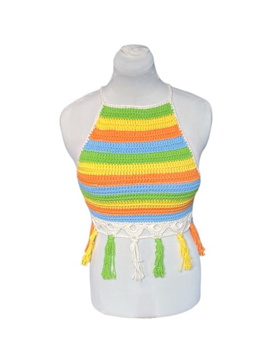 Gehaakte haltertop van 100% katoen – handgemaakte boho festival top met kwastjes, groen-geel-oranje-creme – maat M
