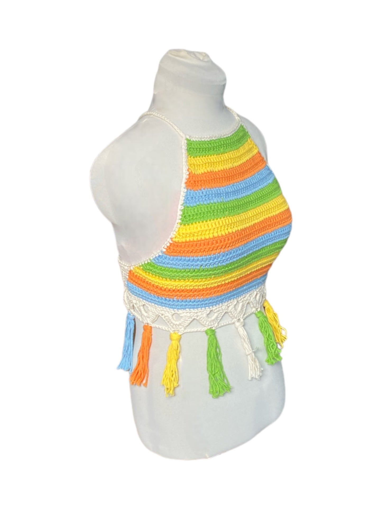 Gehaakte haltertop van 100% katoen – handgemaakte boho festival top met kwastjes, groen-geel-oranje-creme – maat M