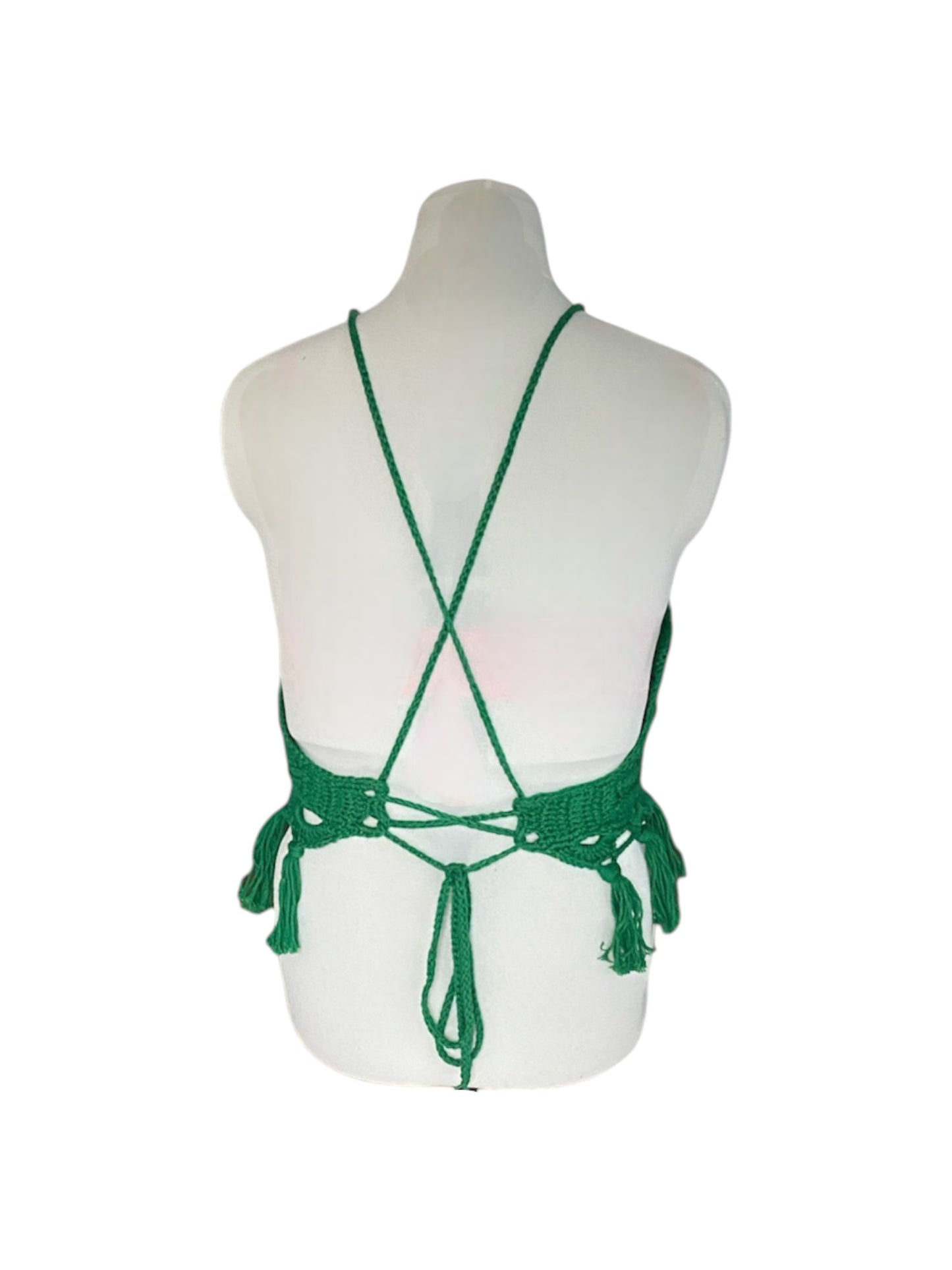 Gehaakte groene haltertop van 100% katoen – handgemaakte boho festival top met kwastjes – maat XL