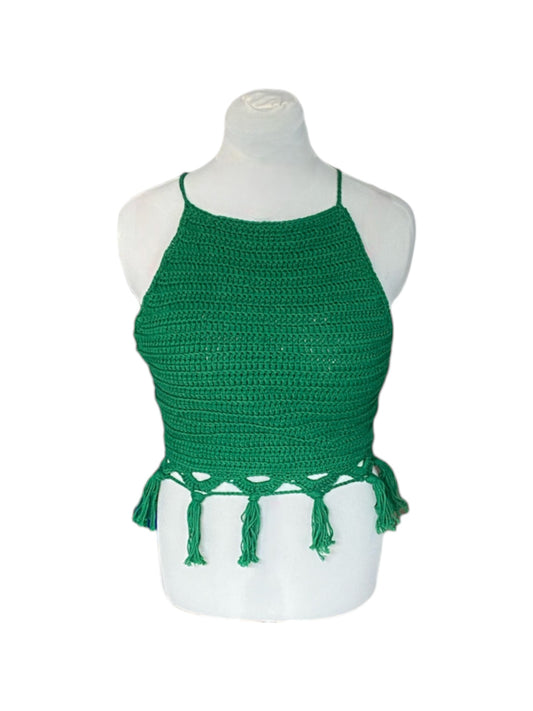 Gehaakte groene haltertop van 100% katoen – handgemaakte boho festival top met kwastjes – maat XL