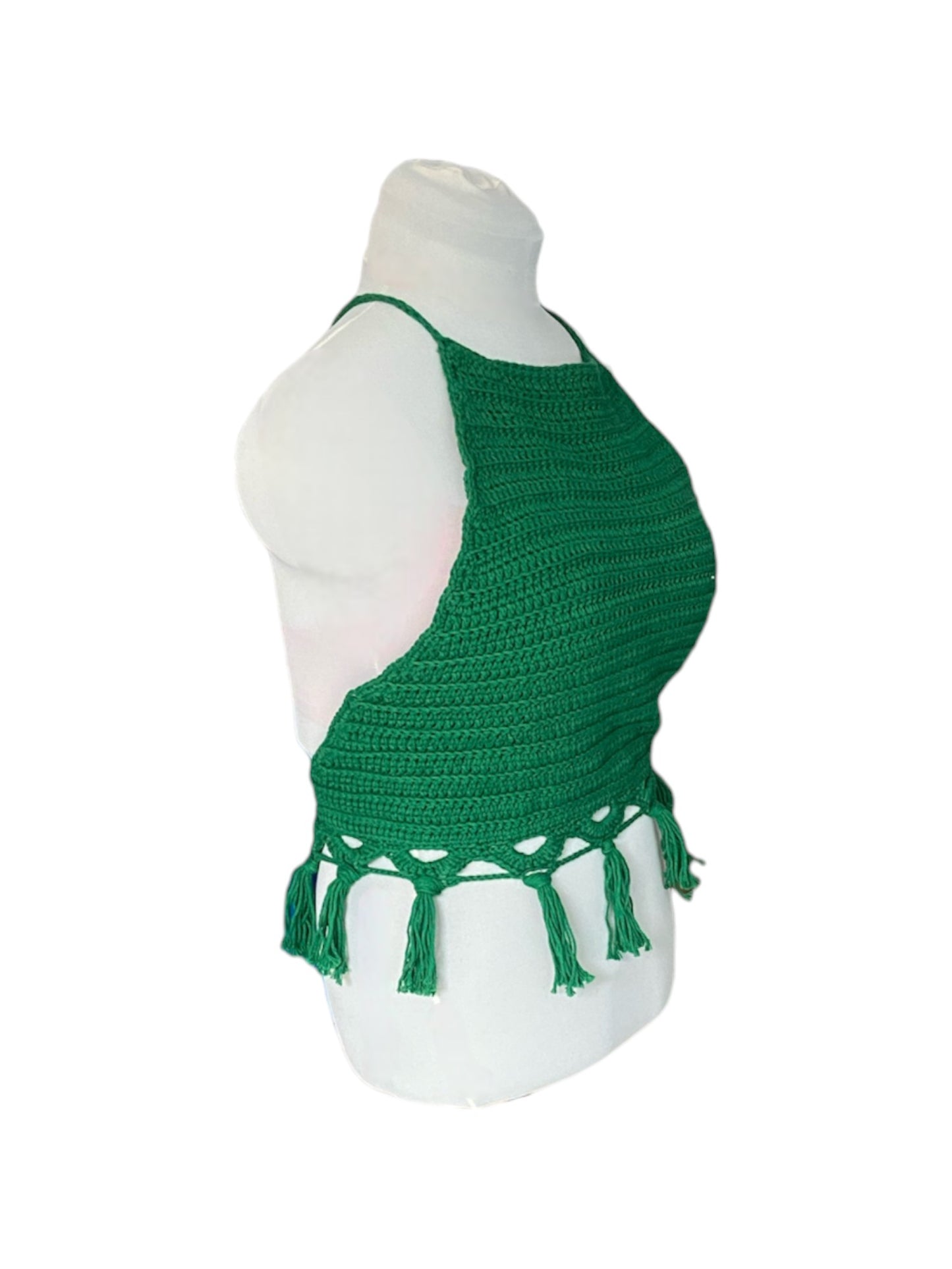 Gehaakte groene haltertop van 100% katoen – handgemaakte boho festival top met kwastjes – maat XL