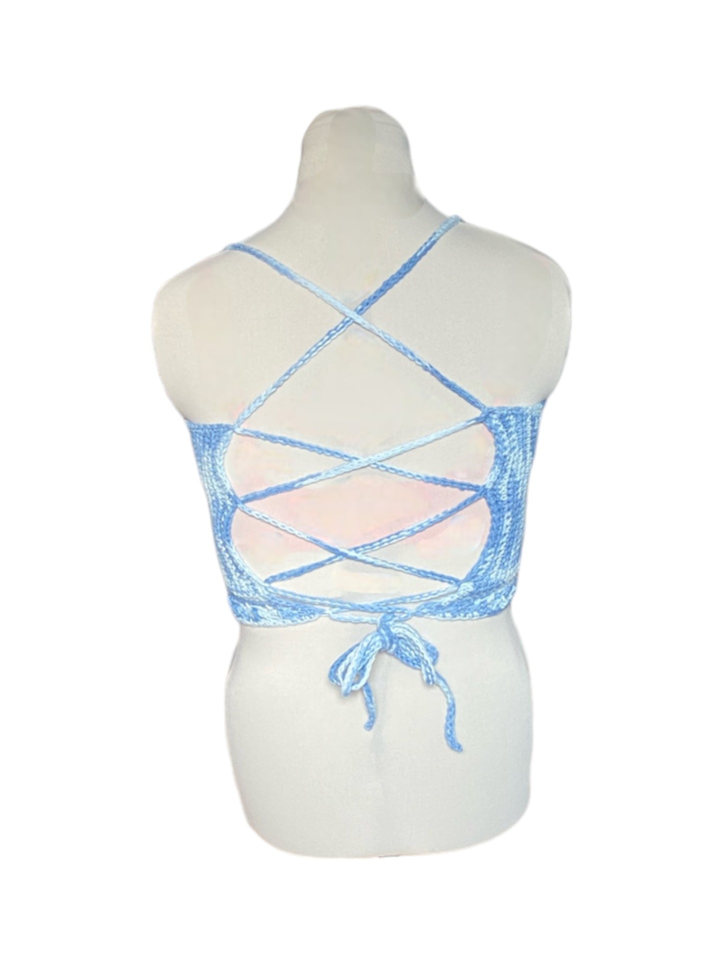 Gehaakte crop-top/bralette katoen in blauwe tinten - handgemaakte festival top (sneak-a-peek) - maat XL